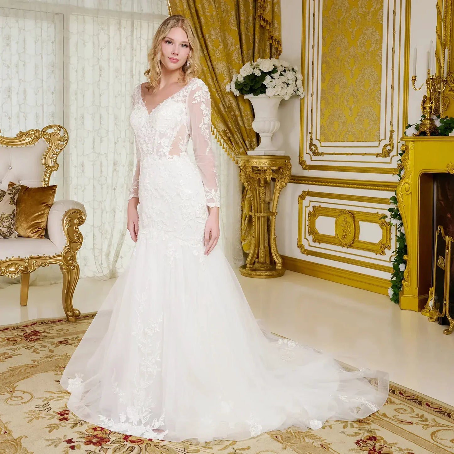 Wedding Gown, V-Neckline And Sheer Long Sleeves, With Beads, Embroidery, And Sequins. by Tux-USA