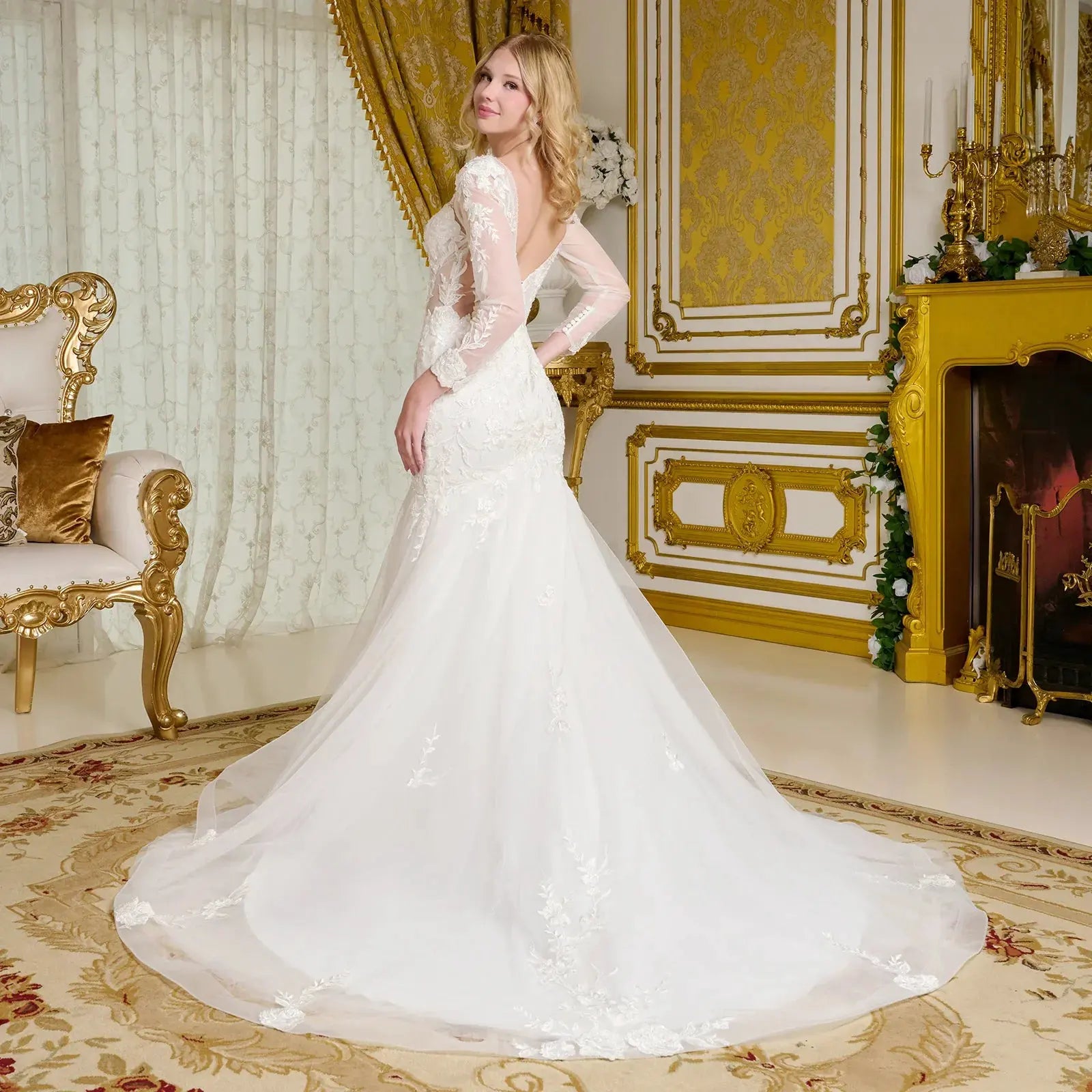 Wedding Gown, V-Neckline And Sheer Long Sleeves, With Beads, Embroidery, And Sequins. by Tux-USA