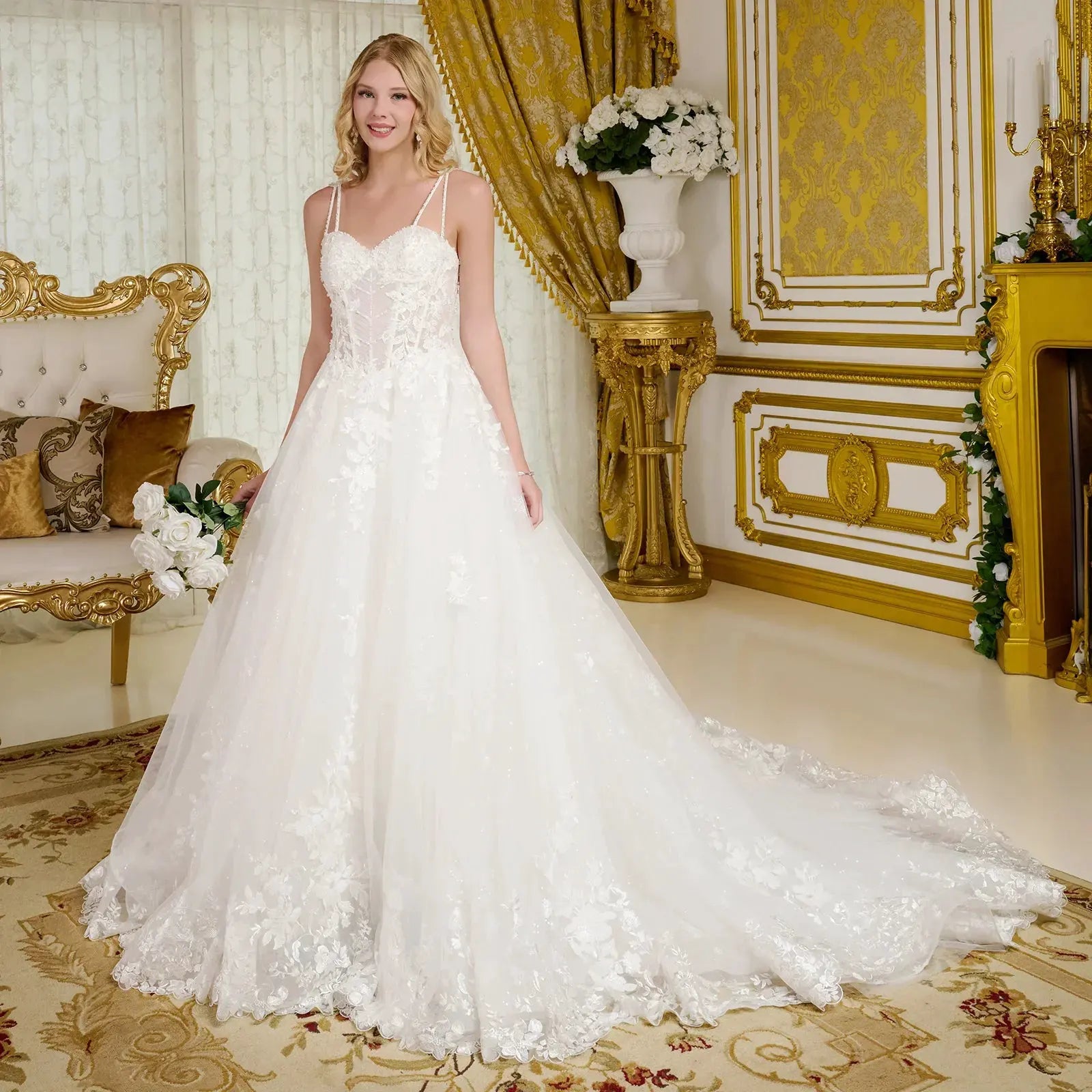 Spaghetti Straps, Sweetheart Neckline Bodice A-Line Wedding Gown by Tux-USA