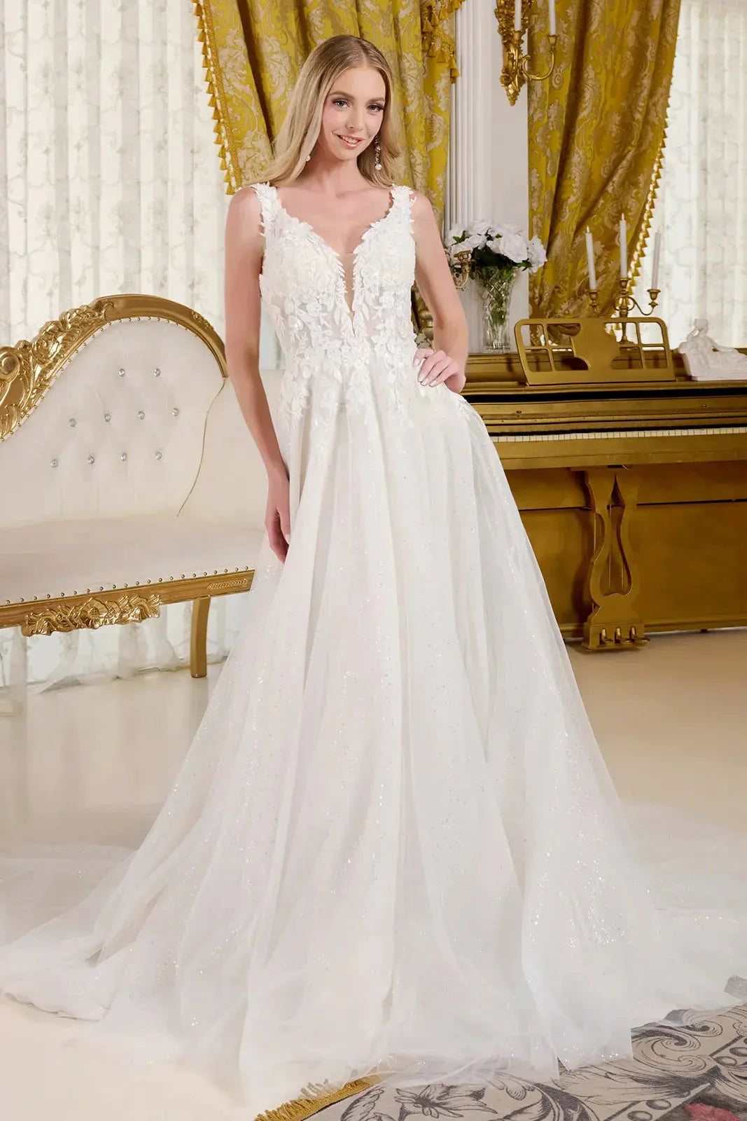 A-Line Wedding Dress, Fitted Bodice With Straps Adorned With Beads, Embroidery And Glitter by Tux-USA