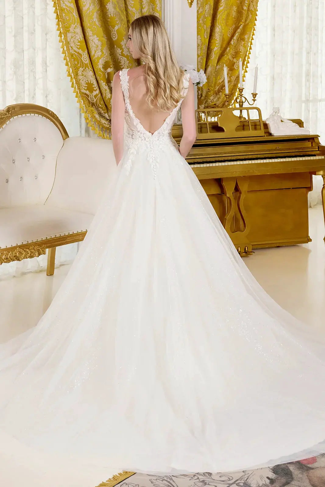 A-Line Wedding Dress, Fitted Bodice With Straps Adorned With Beads, Embroidery And Glitter by Tux-USA