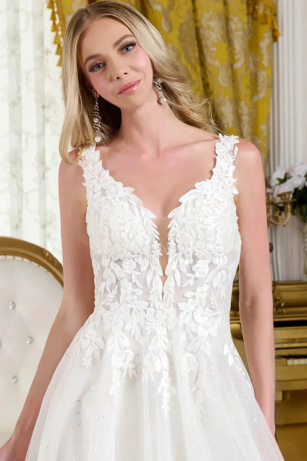 A-Line Wedding Dress, Fitted Bodice With Straps Adorned With Beads, Embroidery And Glitter by Tux-USA