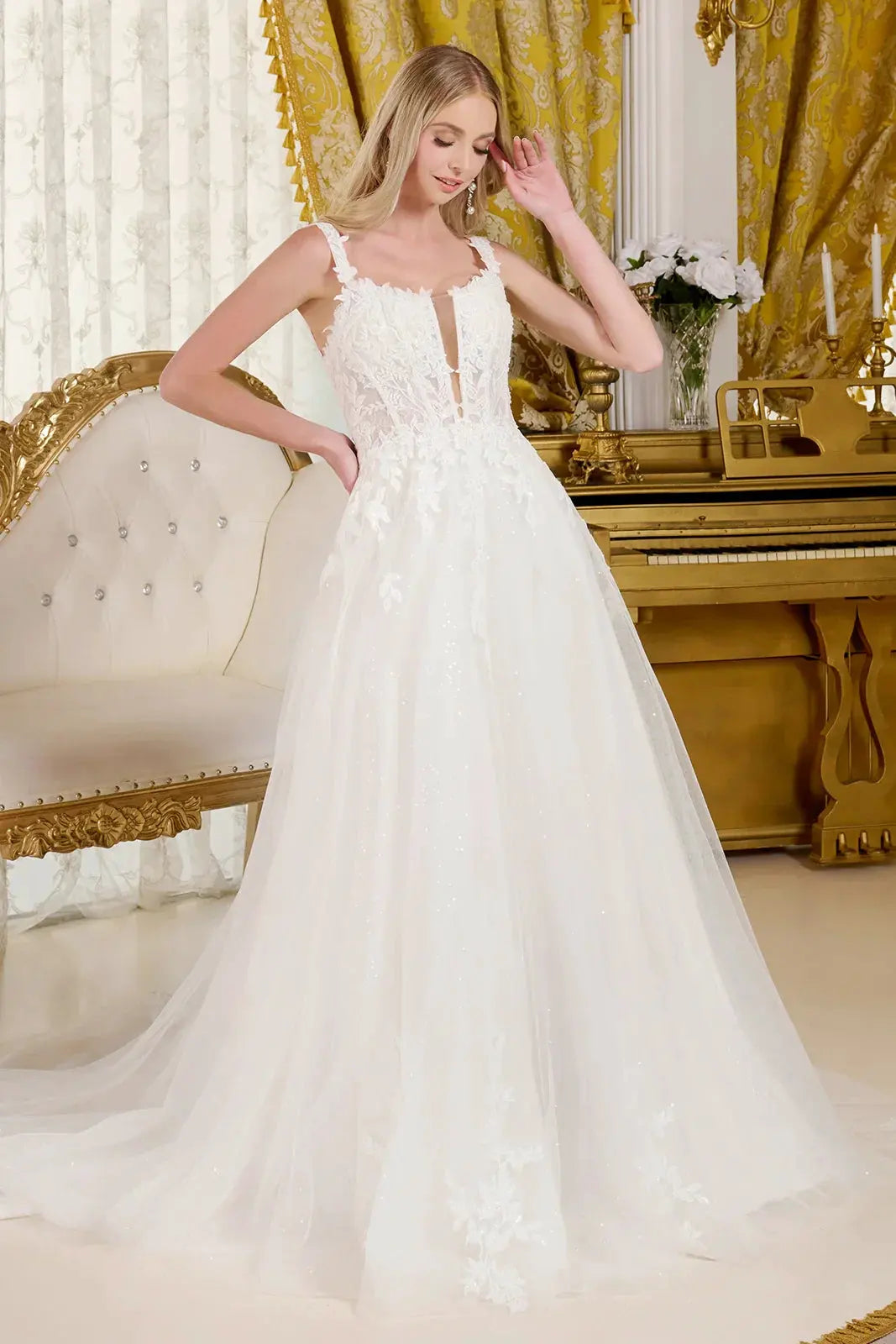 A-line wedding dress with V-neck and straps by Tux-USA
