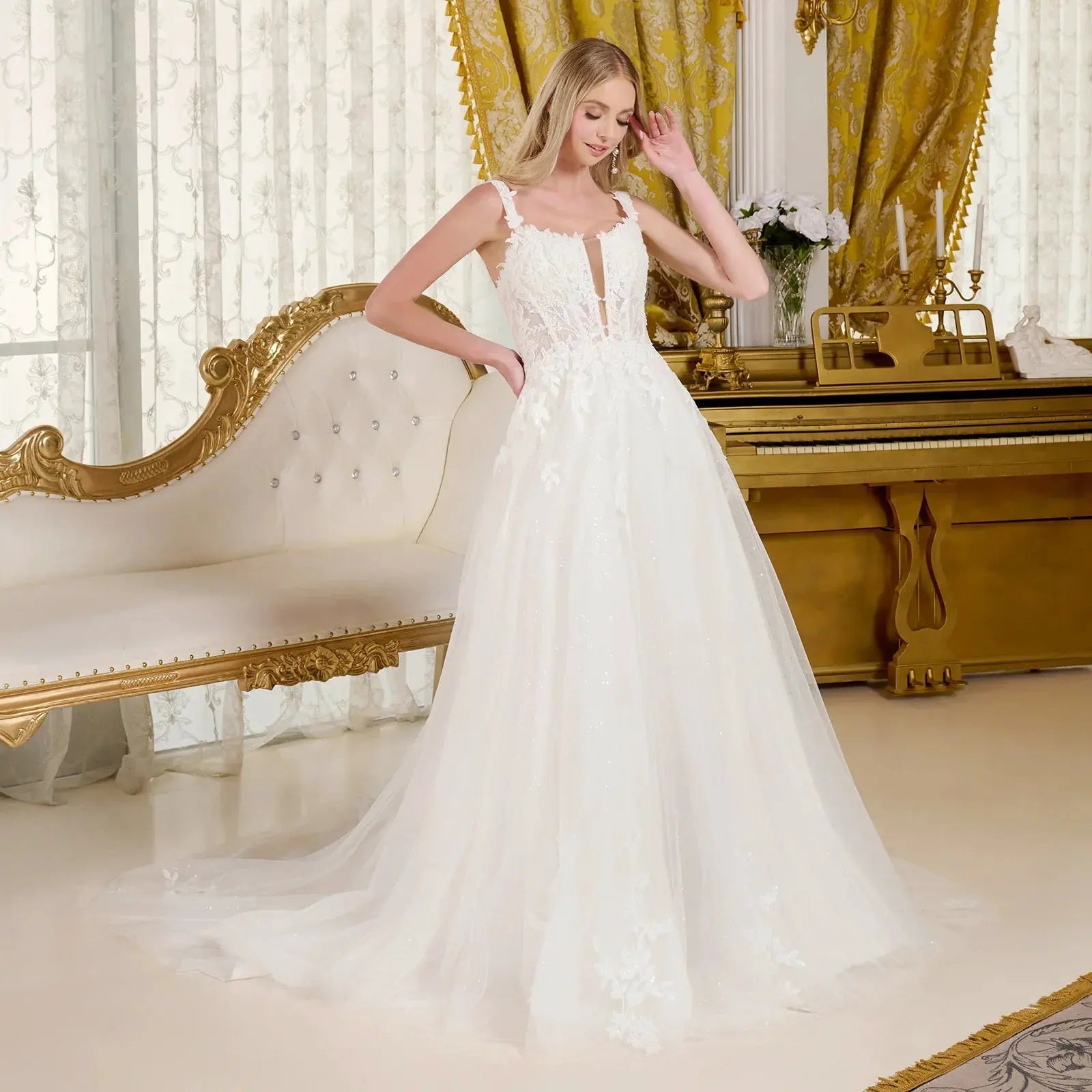 A-line wedding dress with V-neck and straps by Tux-USA