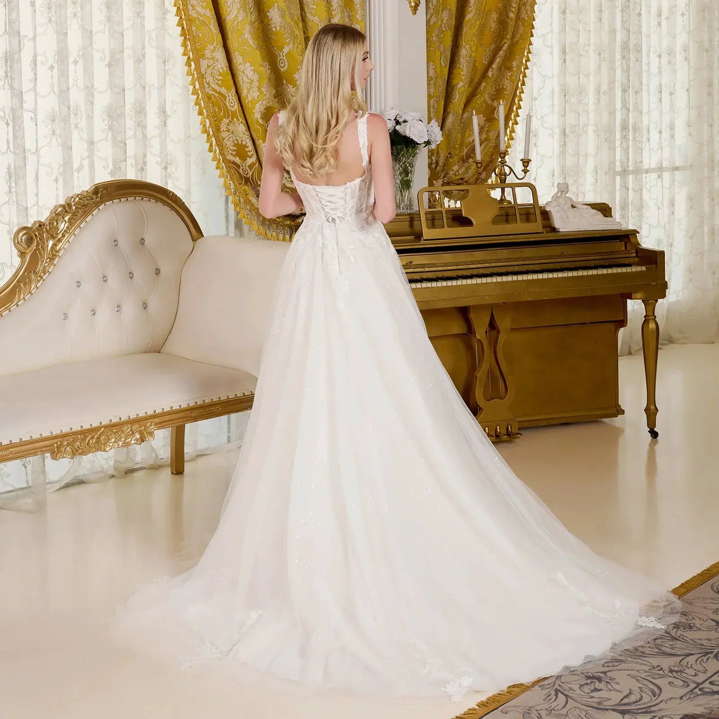 A-line wedding dress with V-neck and straps by Tux-USA