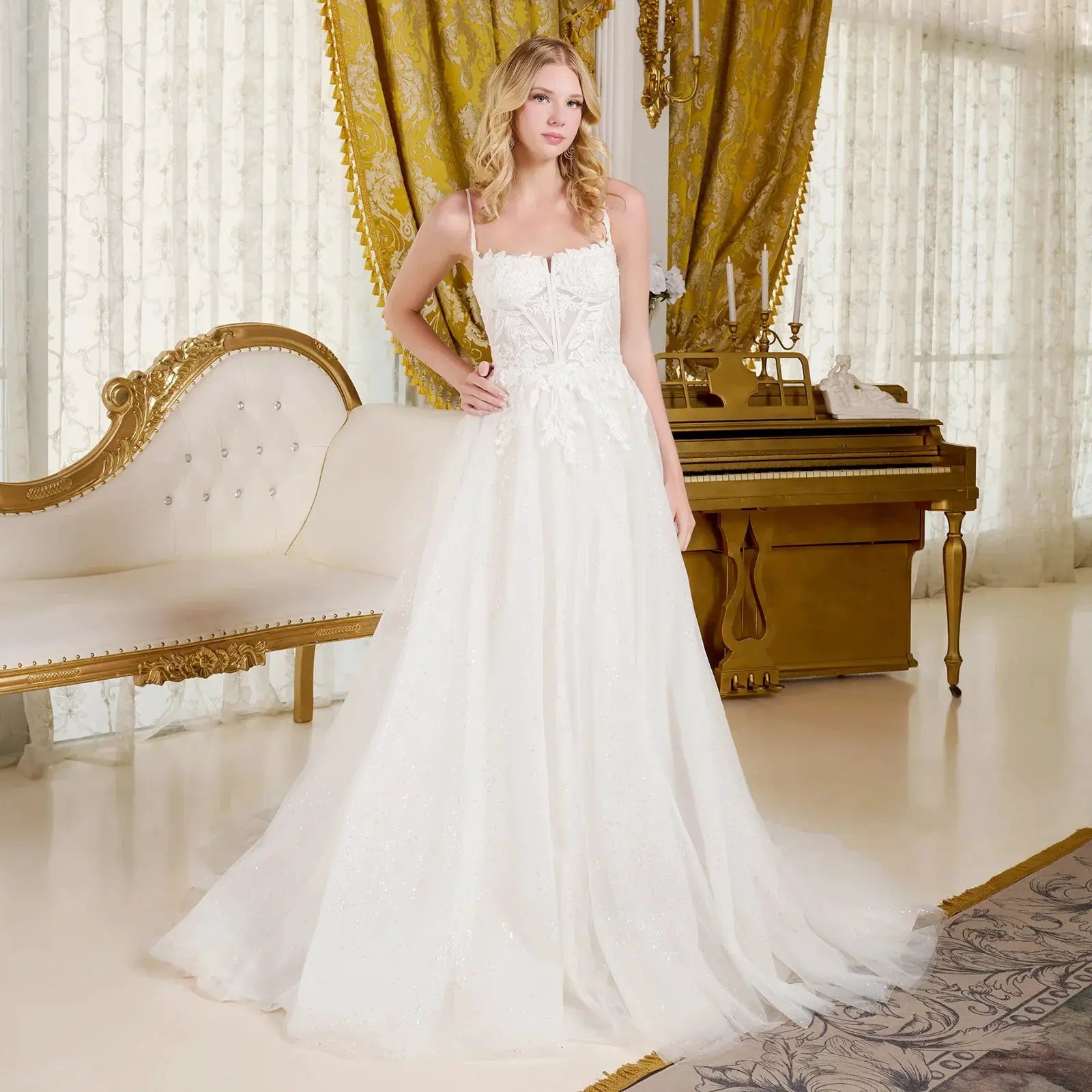 A-Line Wedding Dress Spaghetti Straps Bodice With A Boat Neckline by Tux-USA