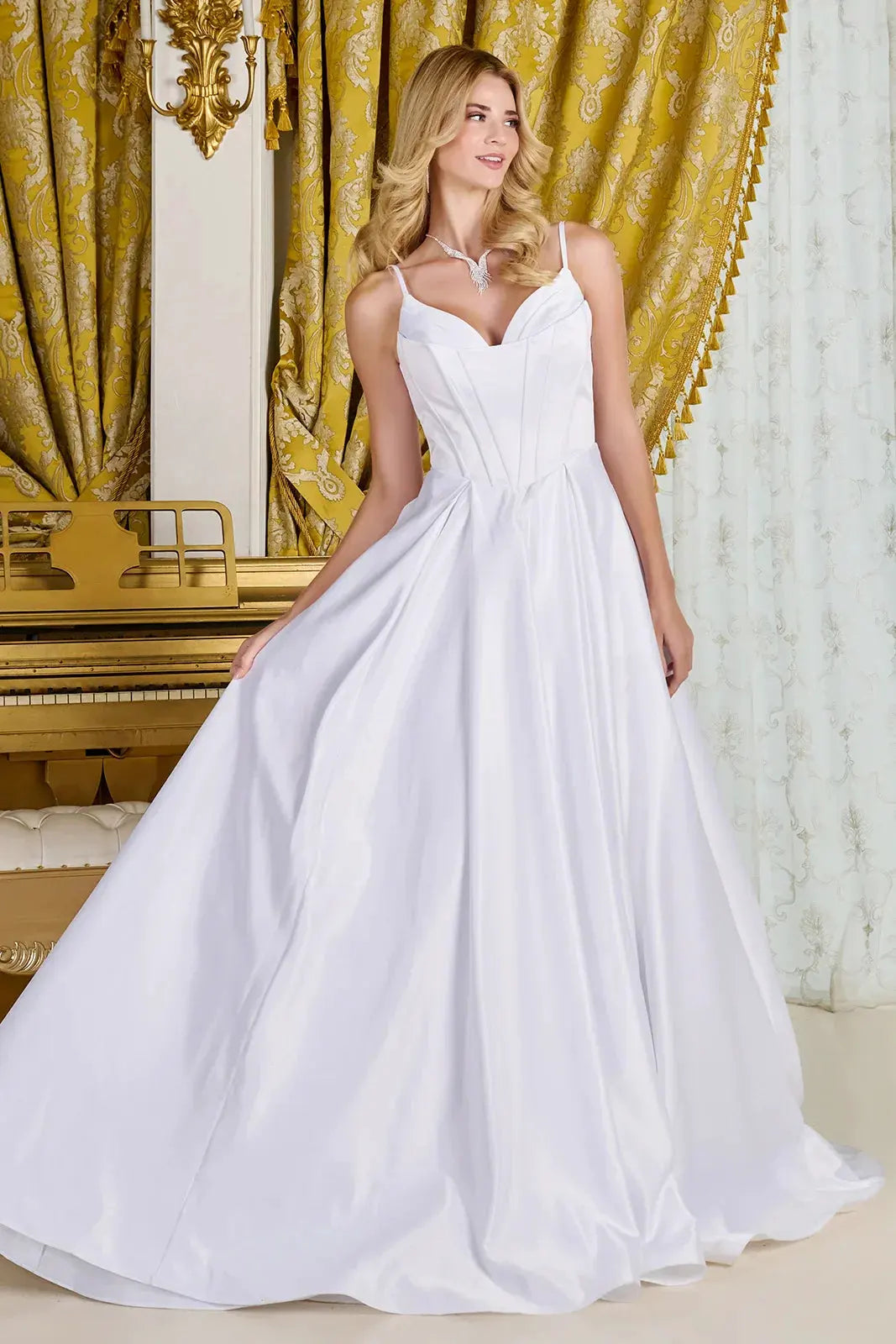 A-line, satin wedding gown spaghetti straps V-neckline by Tux-USA