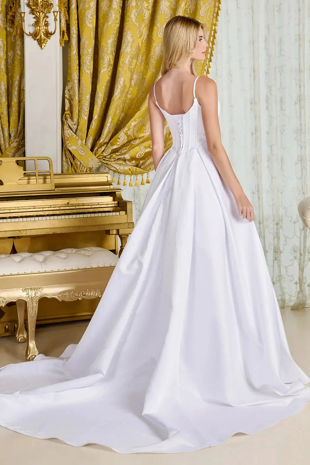 A-line, satin wedding gown spaghetti straps V-neckline by Tux-USA