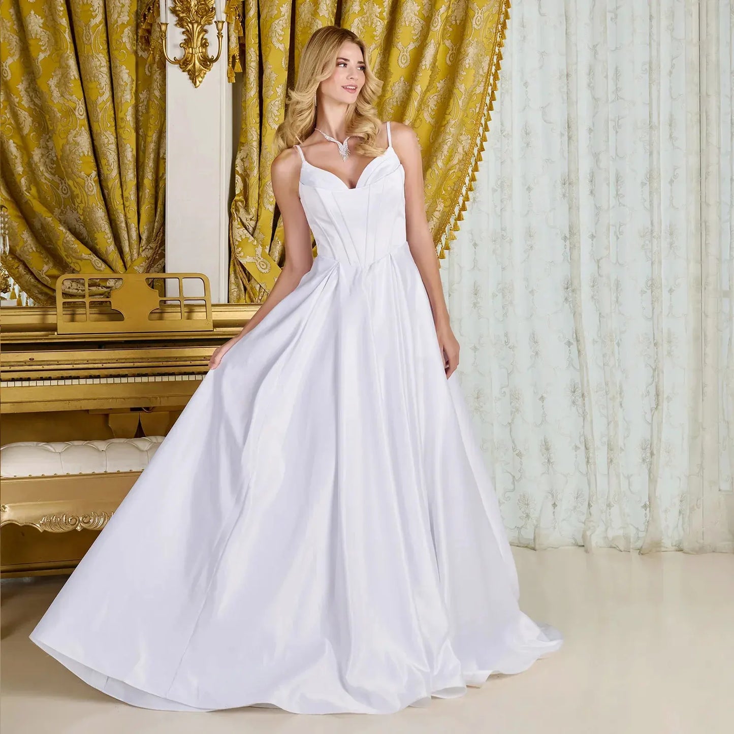 A-line, satin wedding gown spaghetti straps V-neckline by Tux-USA