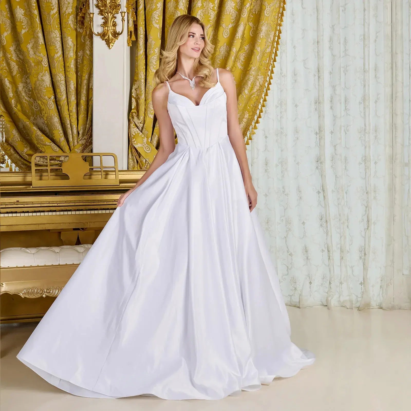 A-line, satin wedding gown spaghetti straps V-neckline by Tux-USA