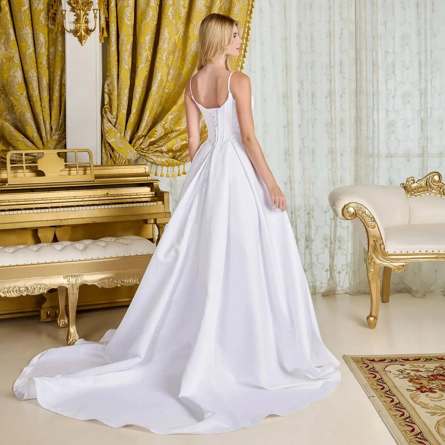 A-line, satin wedding gown spaghetti straps V-neckline by Tux-USA