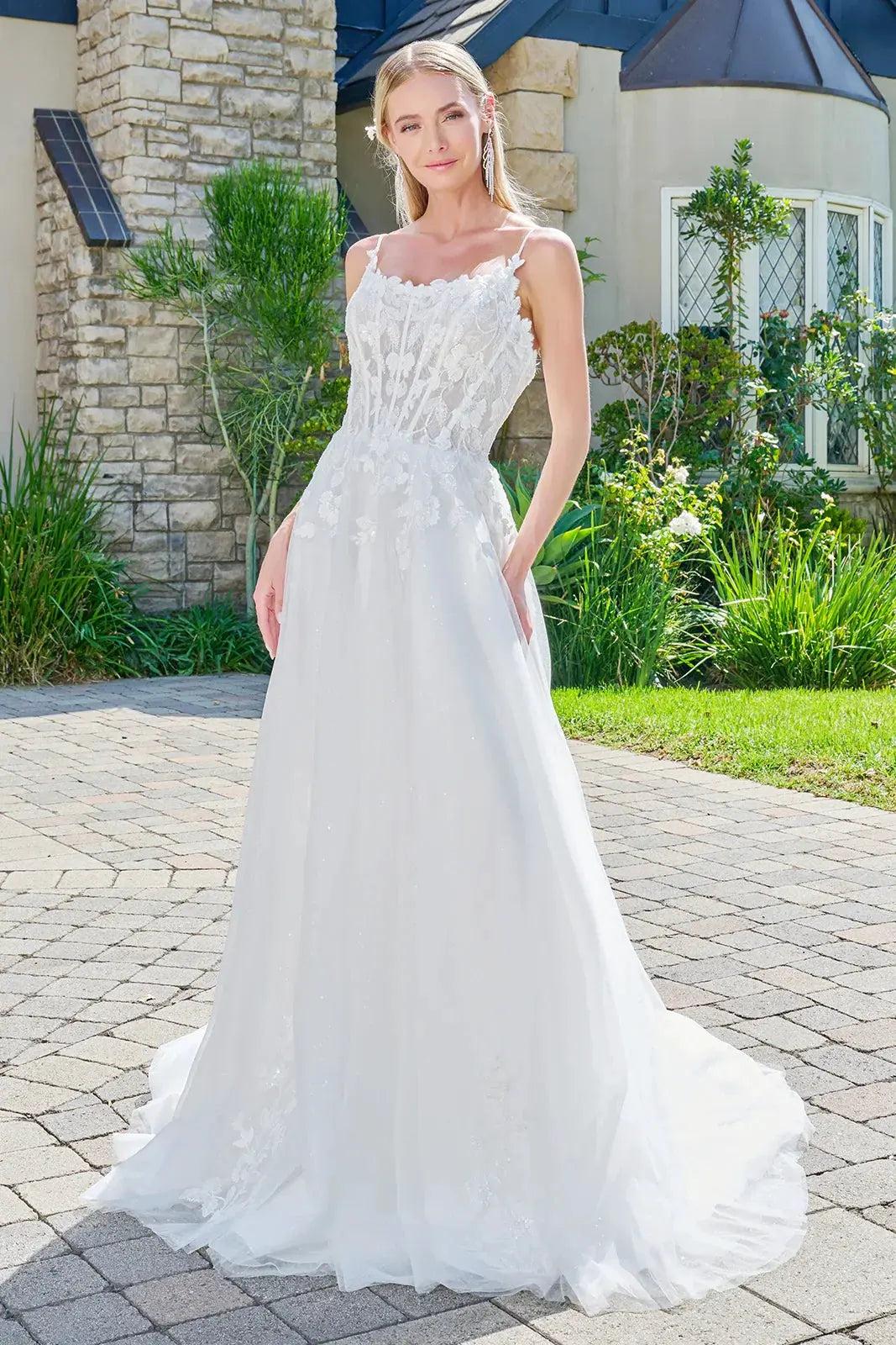 Thin Straps Boat Neckline Corset Lace Underlayer Bodice Sequin Underlayer Skirt A Line Train Dress by Tux-USA