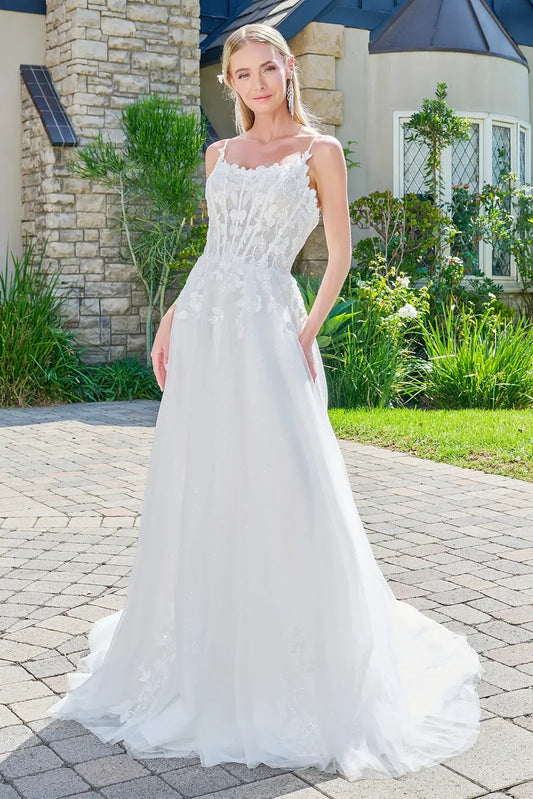Thin Straps Boat Neckline Corset Lace Underlayer Bodice Sequin Underlayer Skirt A Line Train Dress by Tux-USA