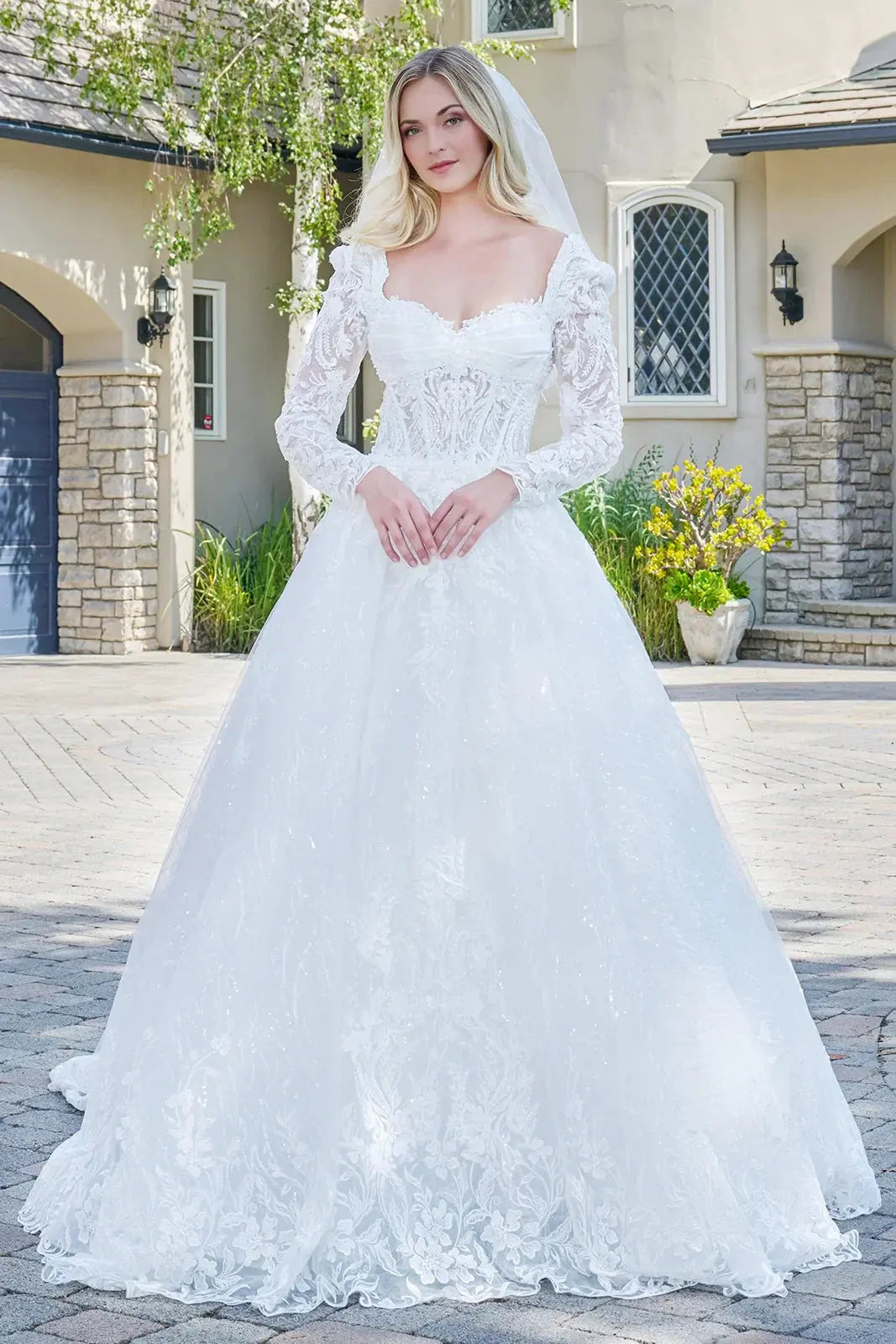 Wedding Dress With V-Neck And Corset Bodice With Long Transparent Sleeves by Tux-USA