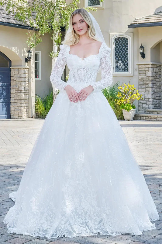Wedding Dress With V-Neck And Corset Bodice With Long Transparent Sleeves by Tux-USA