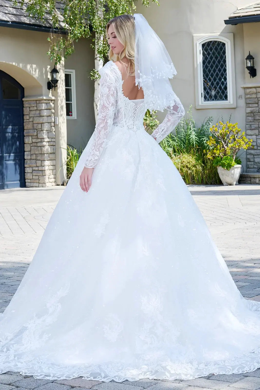 Wedding Dress With V-Neck And Corset Bodice With Long Transparent Sleeves by Tux-USA