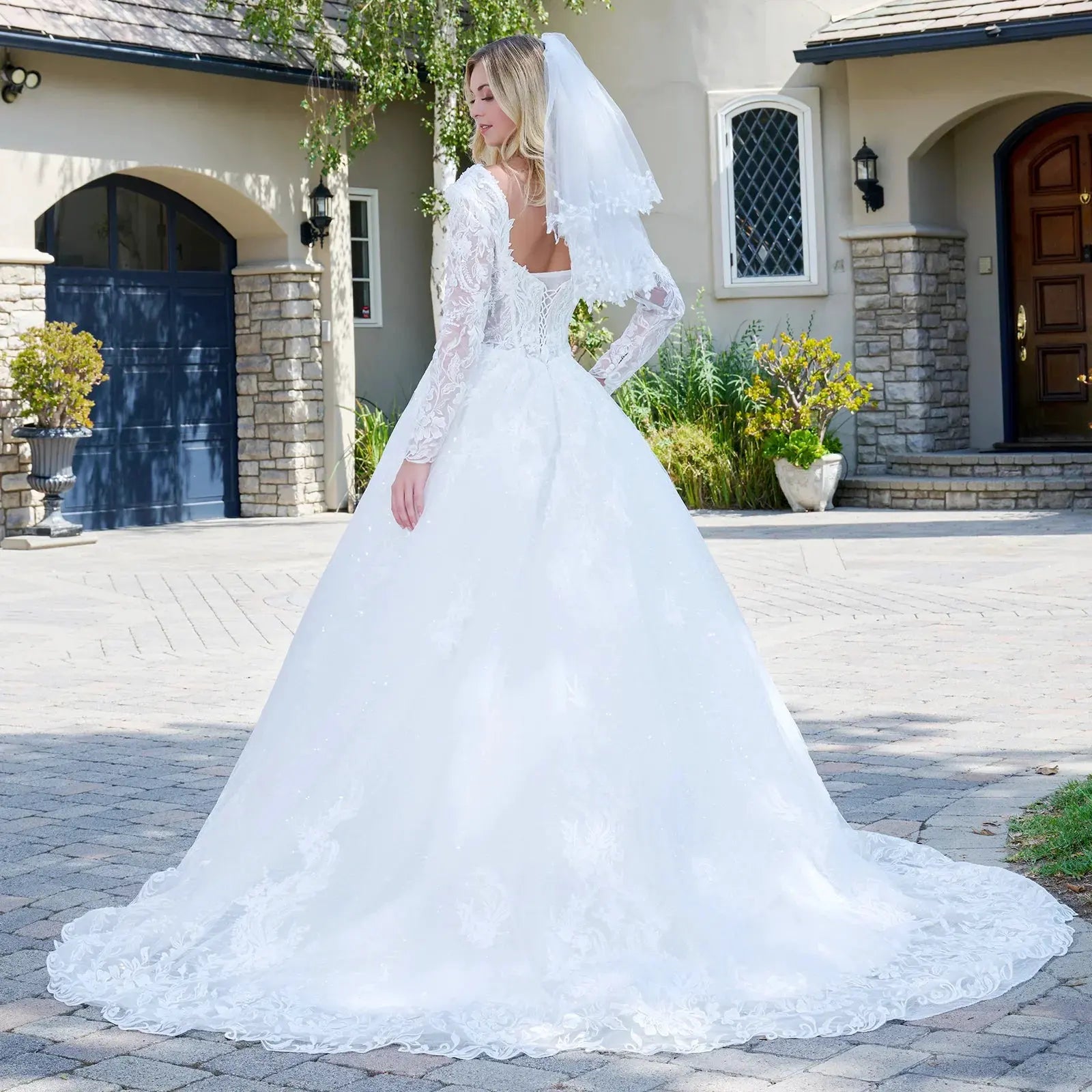 Wedding Dress With V-Neck And Corset Bodice With Long Transparent Sleeves by Tux-USA