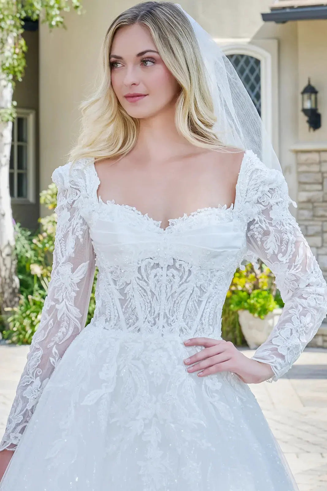 Wedding Dress With V-Neck And Corset Bodice With Long Transparent Sleeves by Tux-USA
