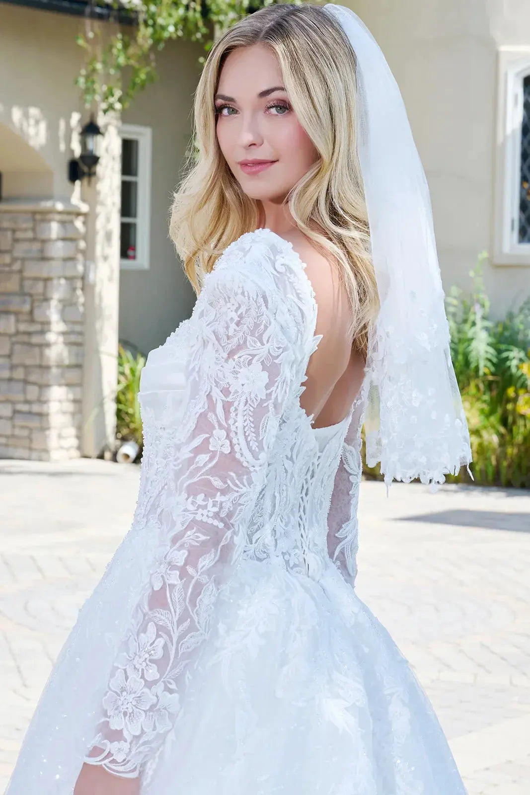 Wedding Dress With V-Neck And Corset Bodice With Long Transparent Sleeves by Tux-USA