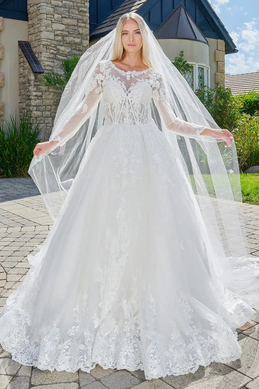 Wedding Dress Made Of Transparent Mesh, With Long Sleeves, A Round Neckline, And A Corset-Style Bodice. by Tux-USA