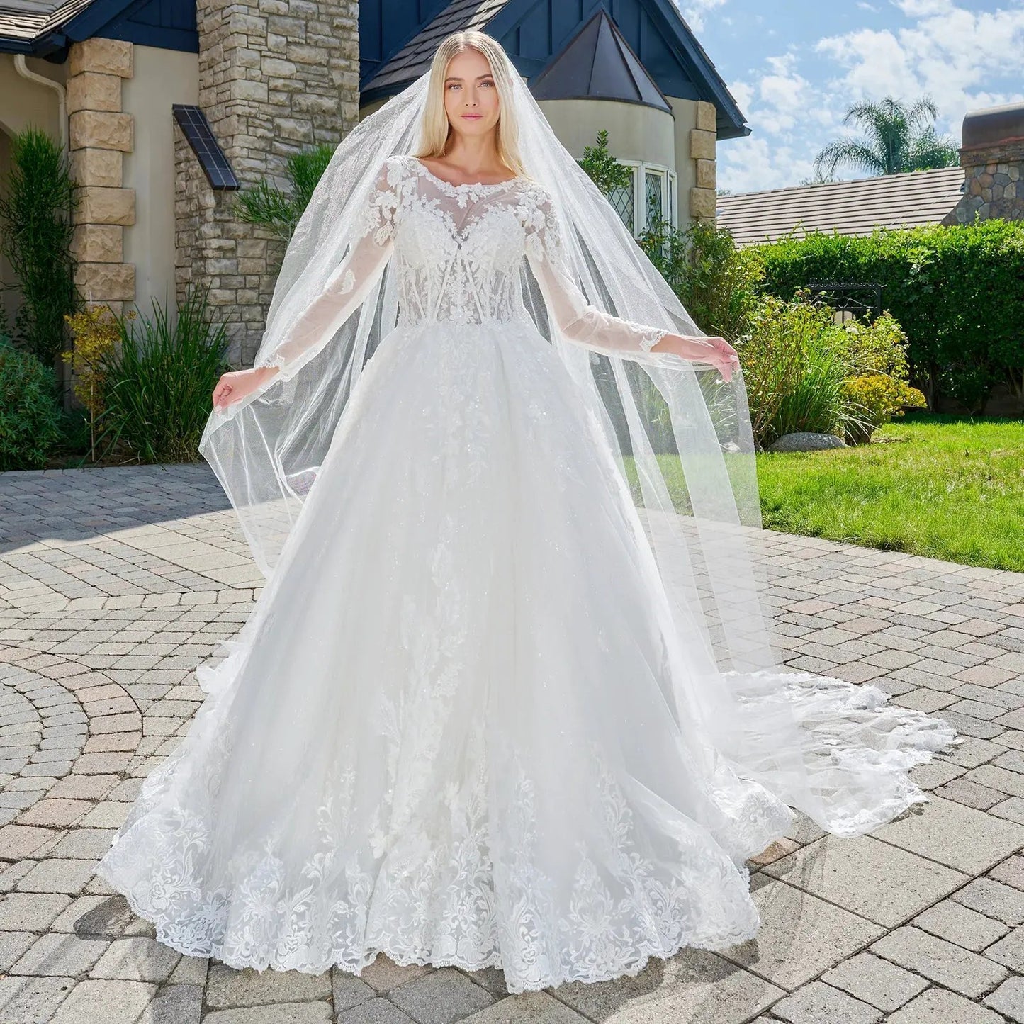 Wedding Dress Made Of Transparent Mesh, With Long Sleeves, A Round Neckline, And A Corset-Style Bodice. by Tux-USA