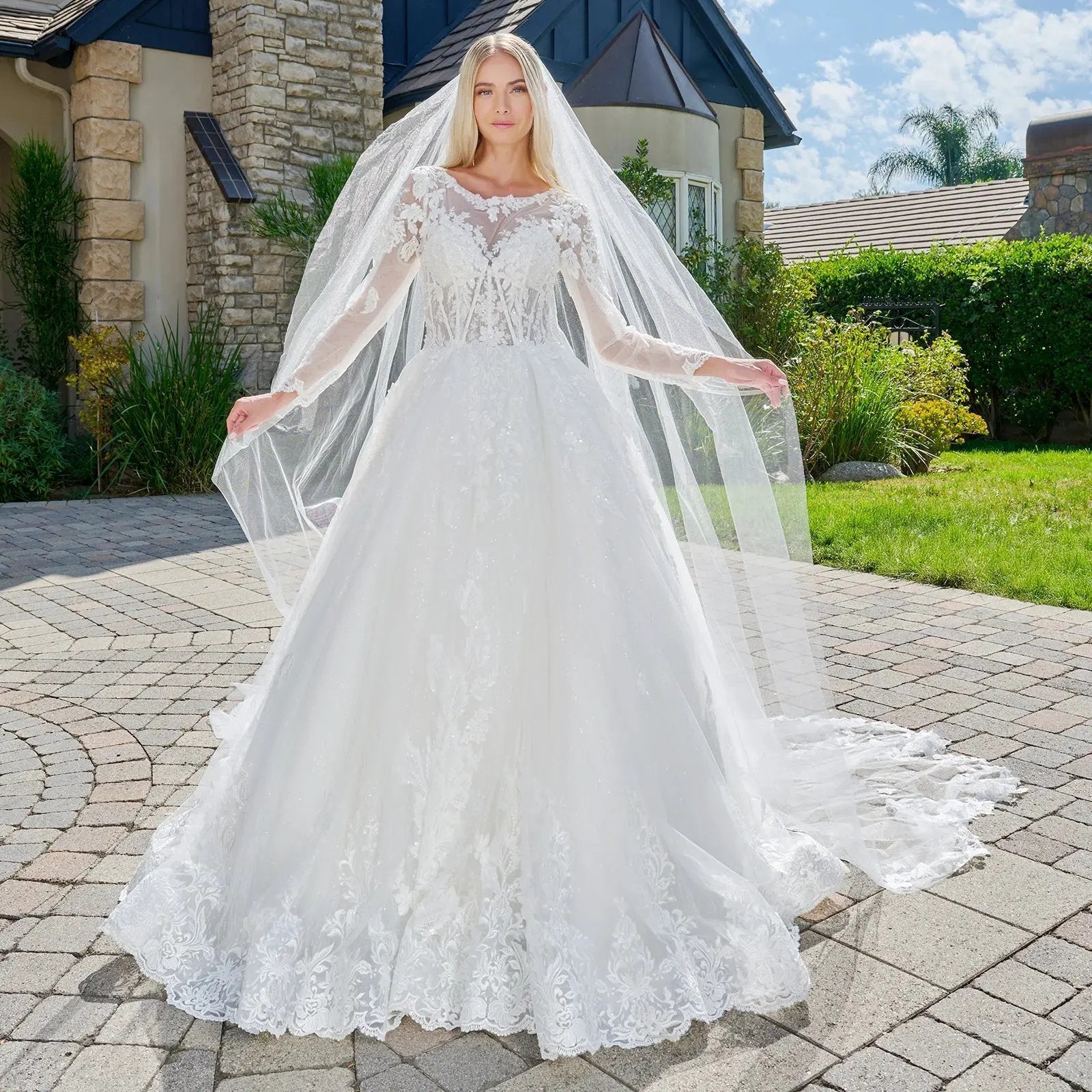 Wedding Dress Made Of Transparent Mesh, With Long Sleeves, A Round Neckline, And A Corset-Style Bodice. by Tux-USA