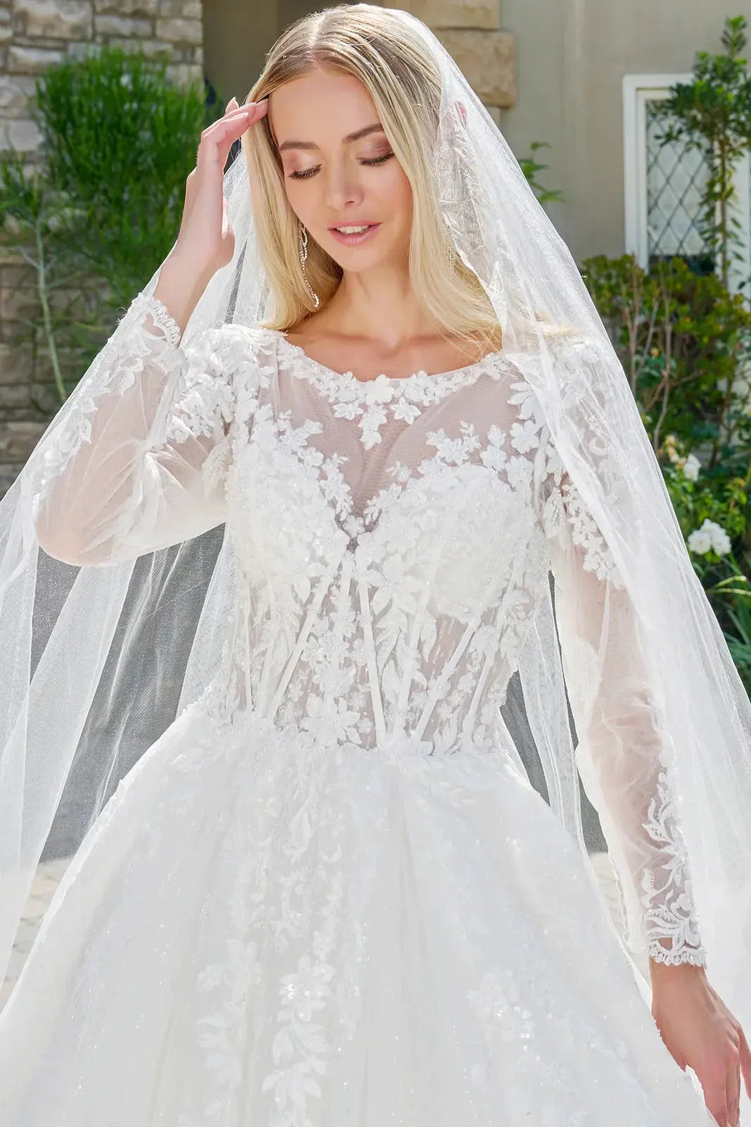 Wedding Dress Made Of Transparent Mesh, With Long Sleeves, A Round Neckline, And A Corset-Style Bodice. by Tux-USA