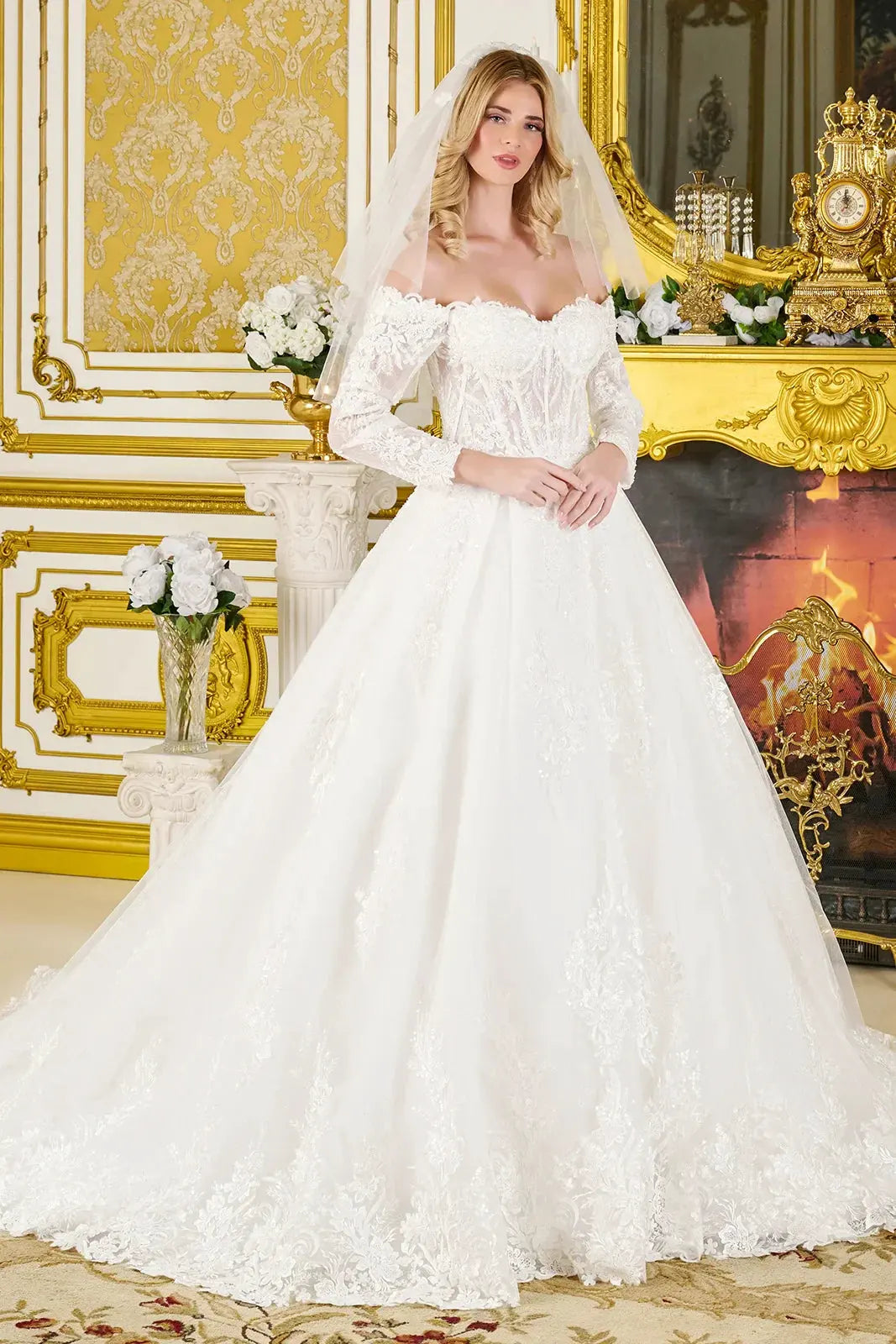 Wedding Ball Gown Off-Shoulder 3/4 Sleeves,A Sweetheart Neckline Corset Bodice by Tux-USA