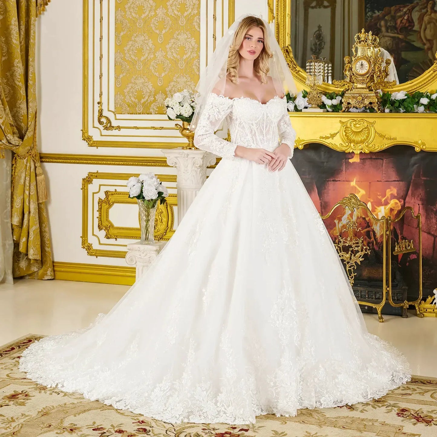 Wedding Ball Gown Off-Shoulder 3/4 Sleeves,A Sweetheart Neckline Corset Bodice by Tux-USA