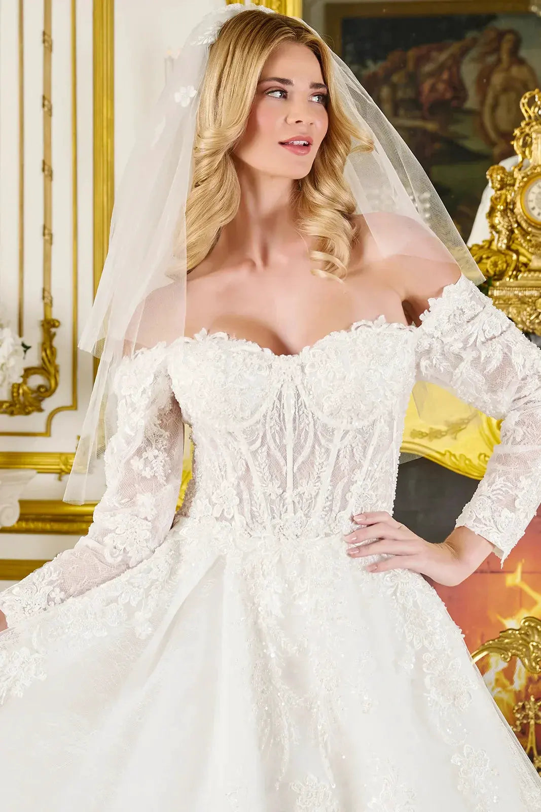Wedding Ball Gown Off-Shoulder 3/4 Sleeves,A Sweetheart Neckline Corset Bodice by Tux-USA