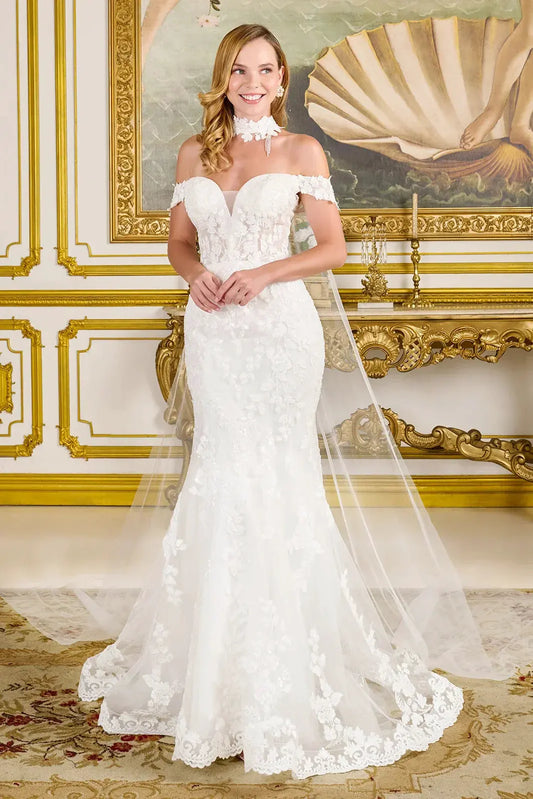 Fitted Wedding Dress With Off-The-Shoulder Design, Appliqués, Embroidery, Beads And Sequins With A Touch Of Sparkle by Tux-USA