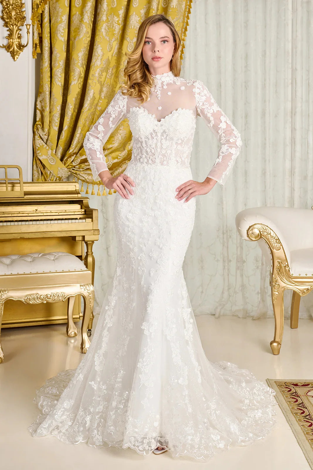 Wedding Dress With Trumpet Cut, Detachable Sheer High Neck Top And Long Sleeves-0