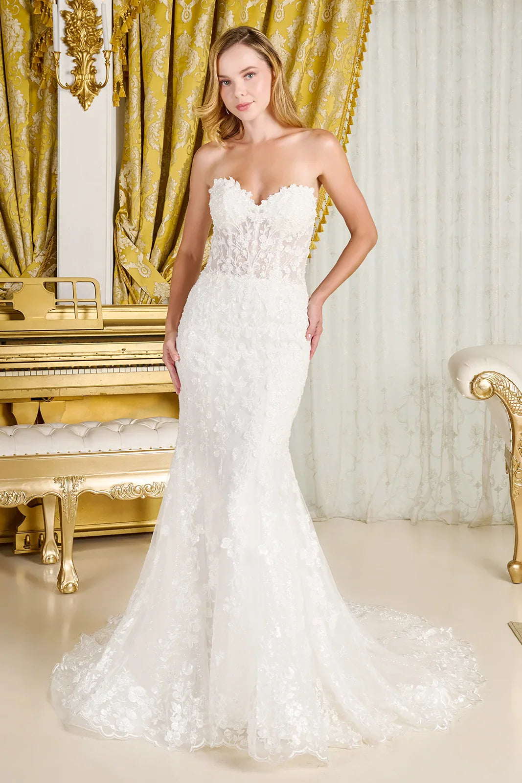 Wedding Dress With Trumpet Cut, Detachable Sheer High Neck Top And Long Sleeves-2