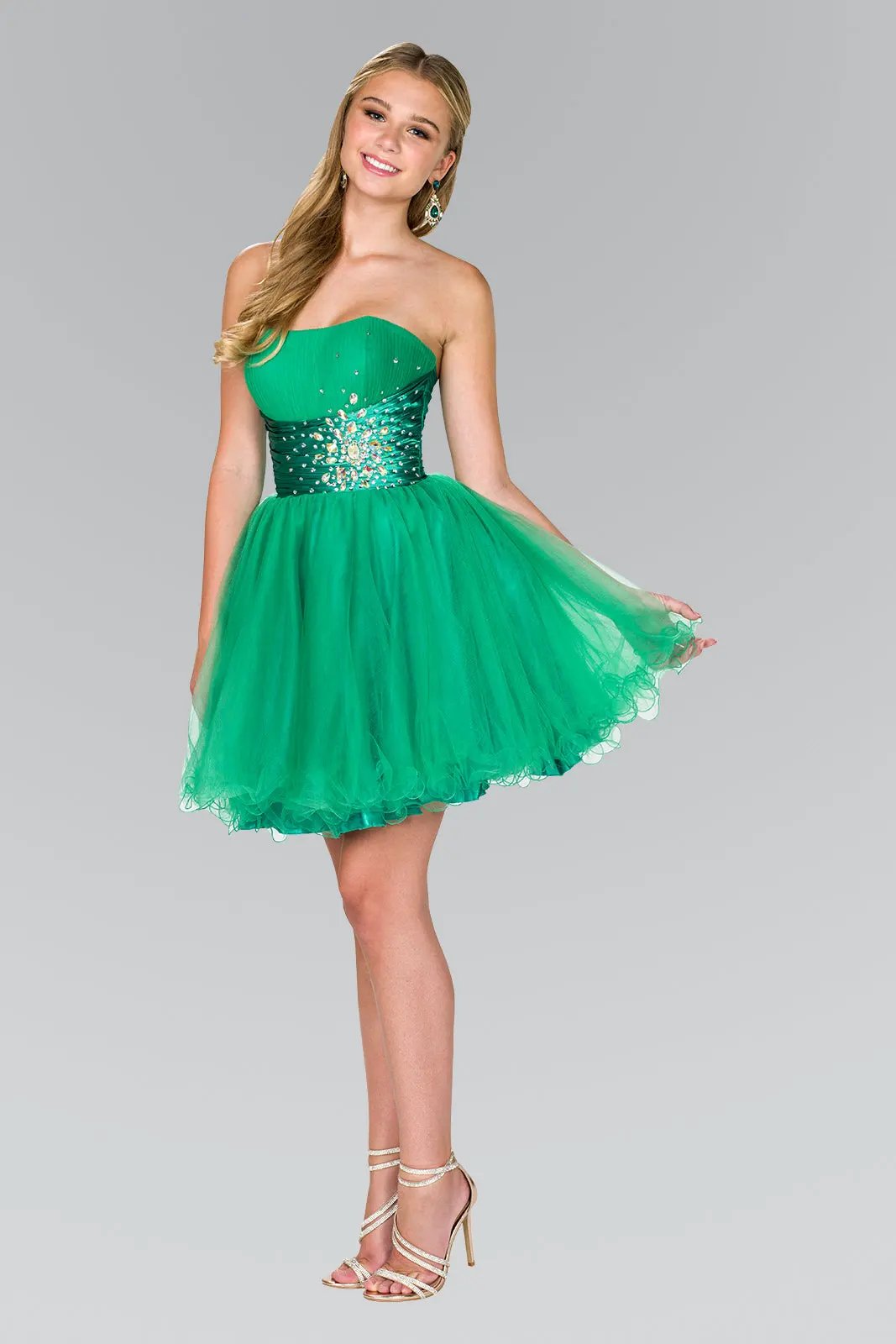 Strapless Sweetheart Tulle Short Dress with Pleated Bodice and Jewel Detailing by Tux-USA