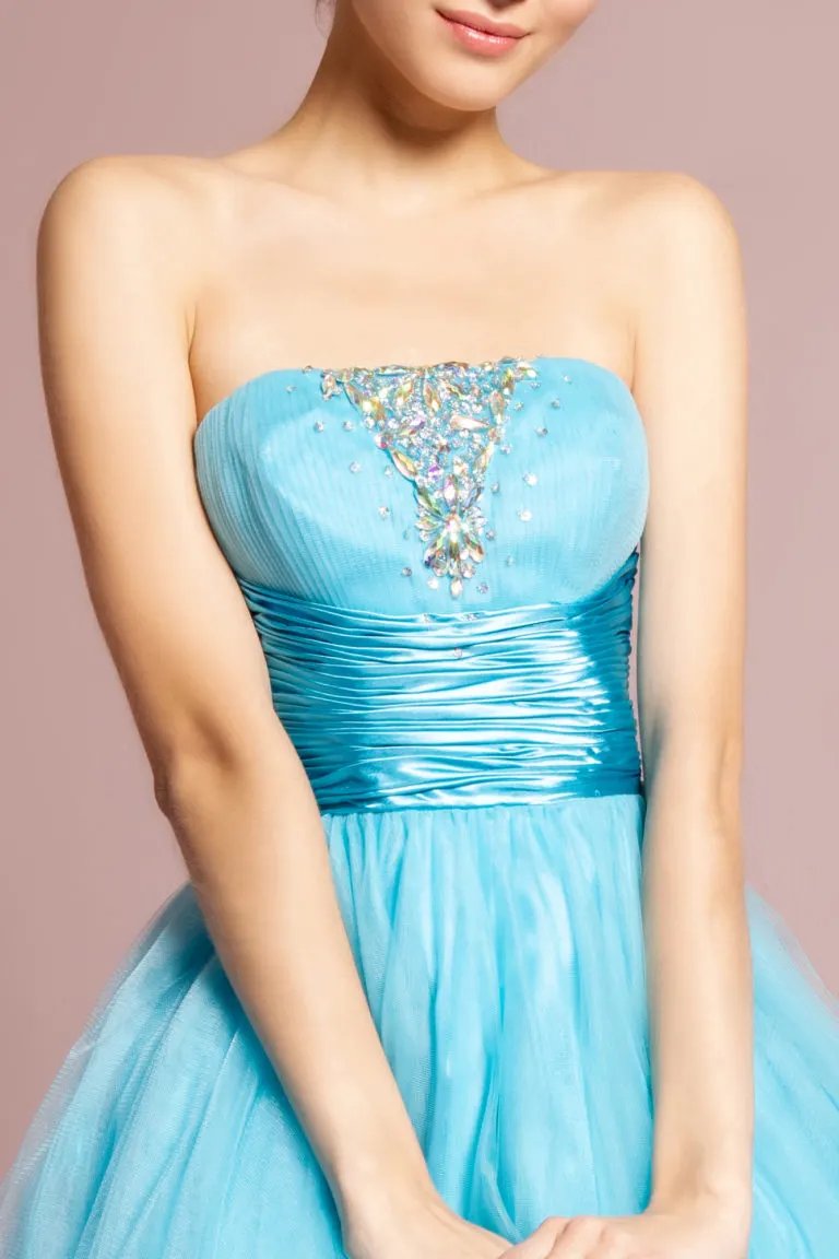Strapless Sweetheart Tulle Short Dress Accented with Satin Belt and Jewel by Tux-USA
