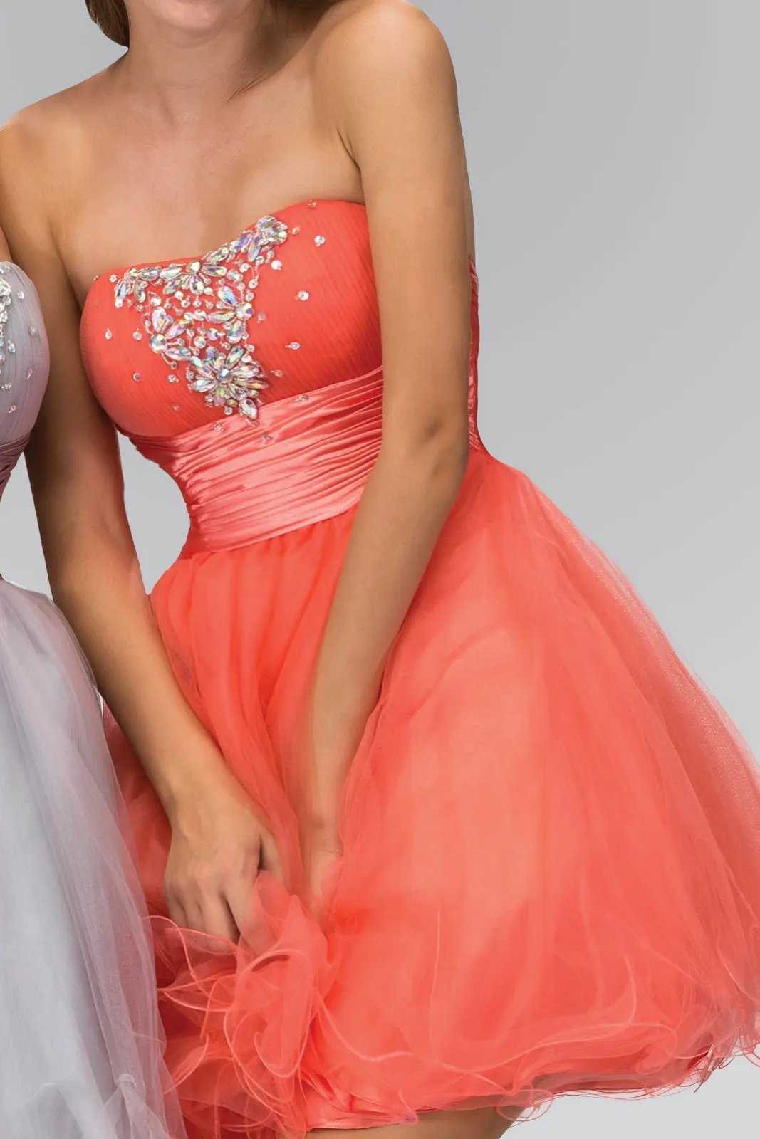 Strapless Sweetheart Tulle Short Dress Accented with Satin Belt and Jewel by Tux-USA