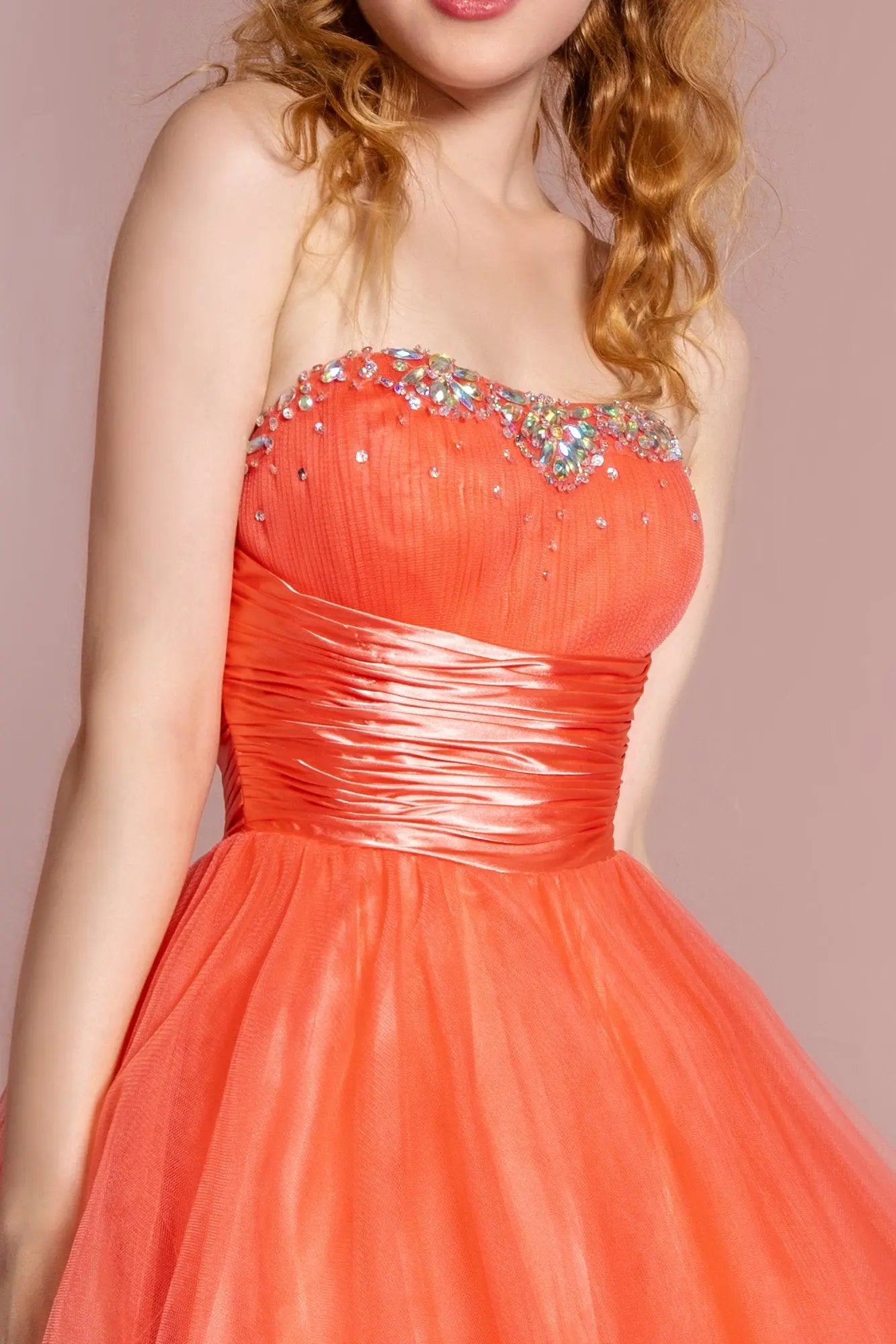Sleeveless Sweetheart Beaded Tulle Short Dress with Pleated Satin Waistband by Tux-USA