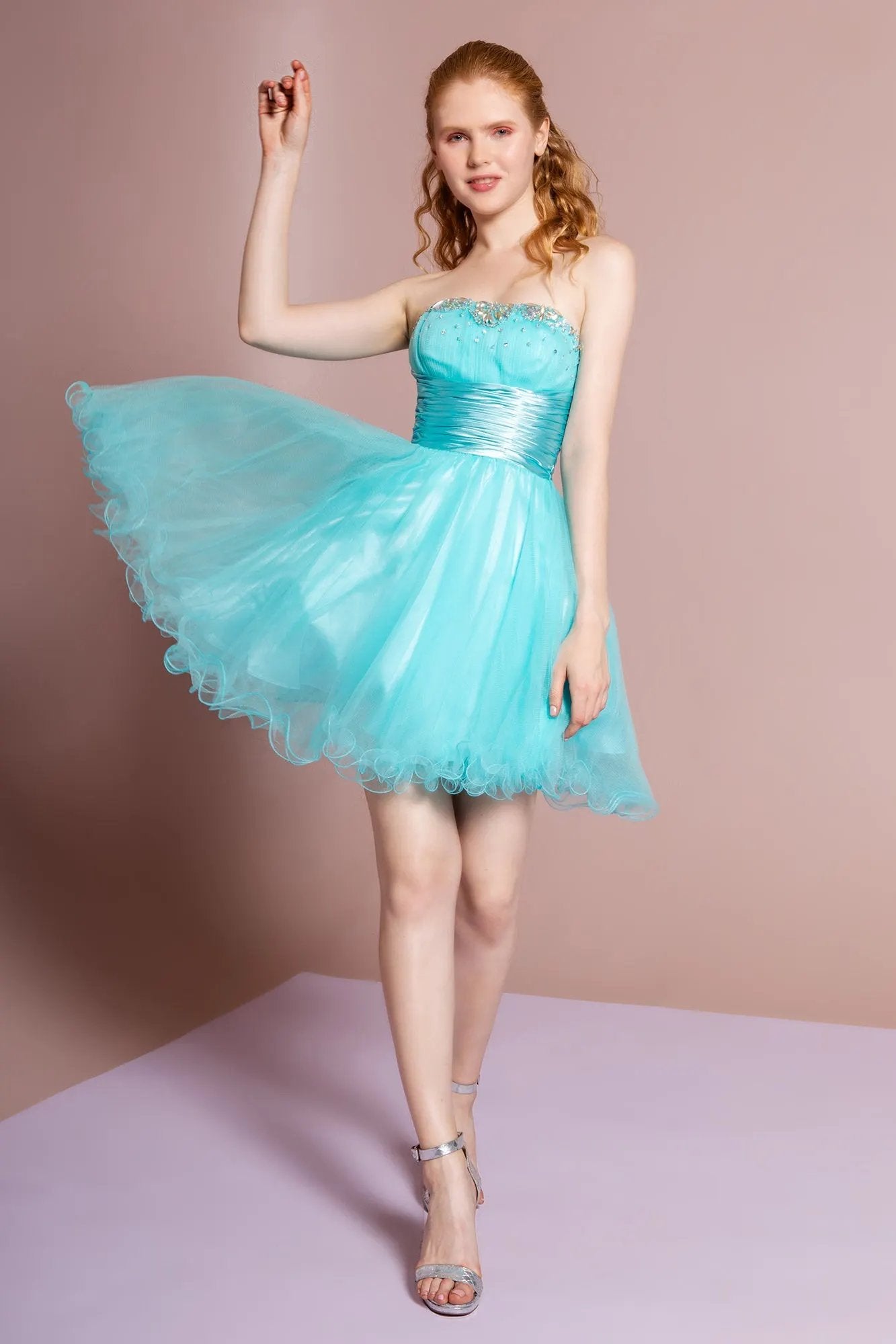 Sleeveless Sweetheart Beaded Tulle Short Dress with Pleated Satin Waistband by Tux-USA