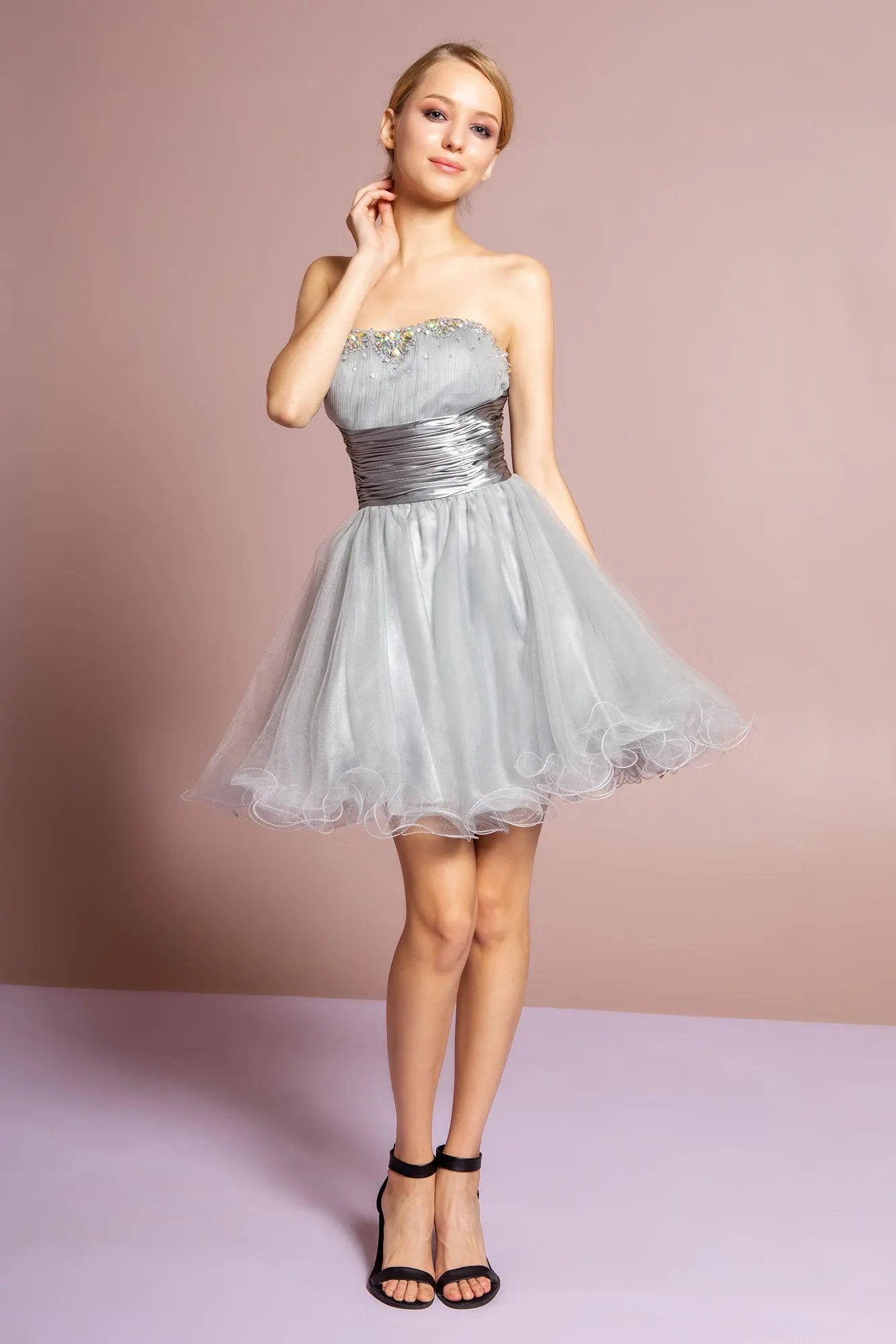 Sleeveless Sweetheart Beaded Tulle Short Dress with Pleated Satin Waistband by Tux-USA