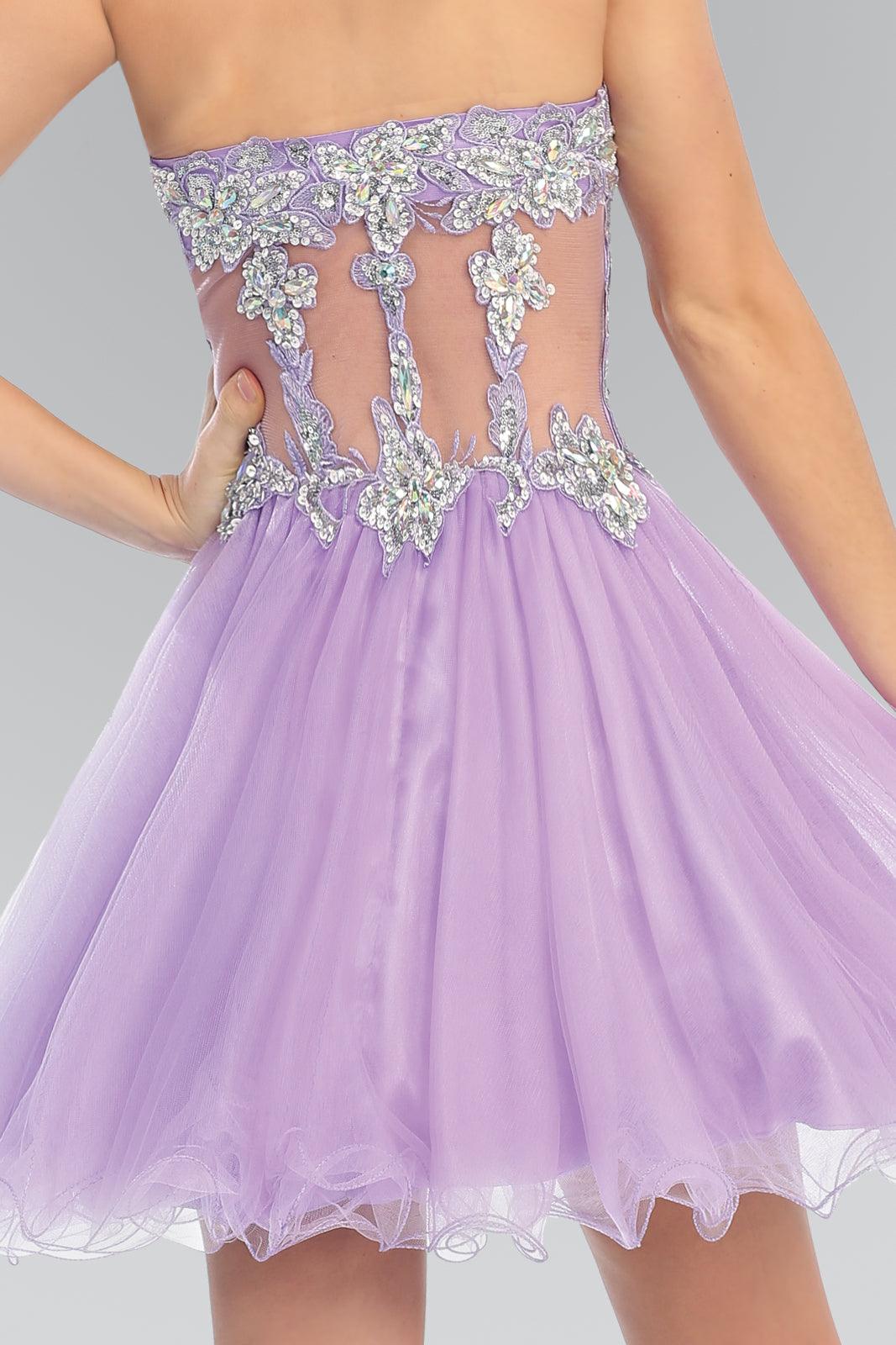 Strapless Sweetheart Bead and Sequin Embellished Tulle Short Dress with Sheer Waistline-3