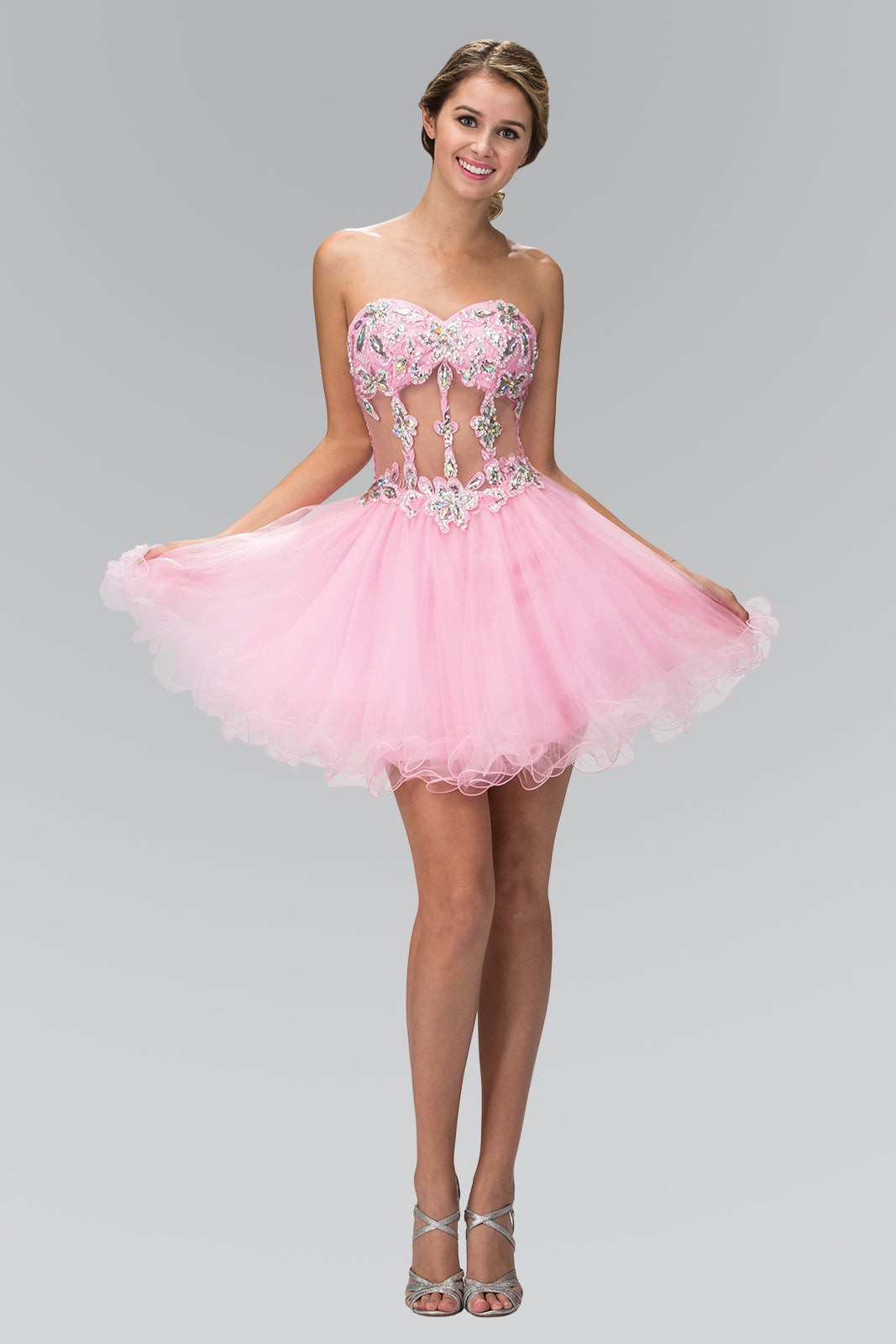 Strapless Sweetheart Bead and Sequin Embellished Tulle Short Dress with Sheer Waistline-0