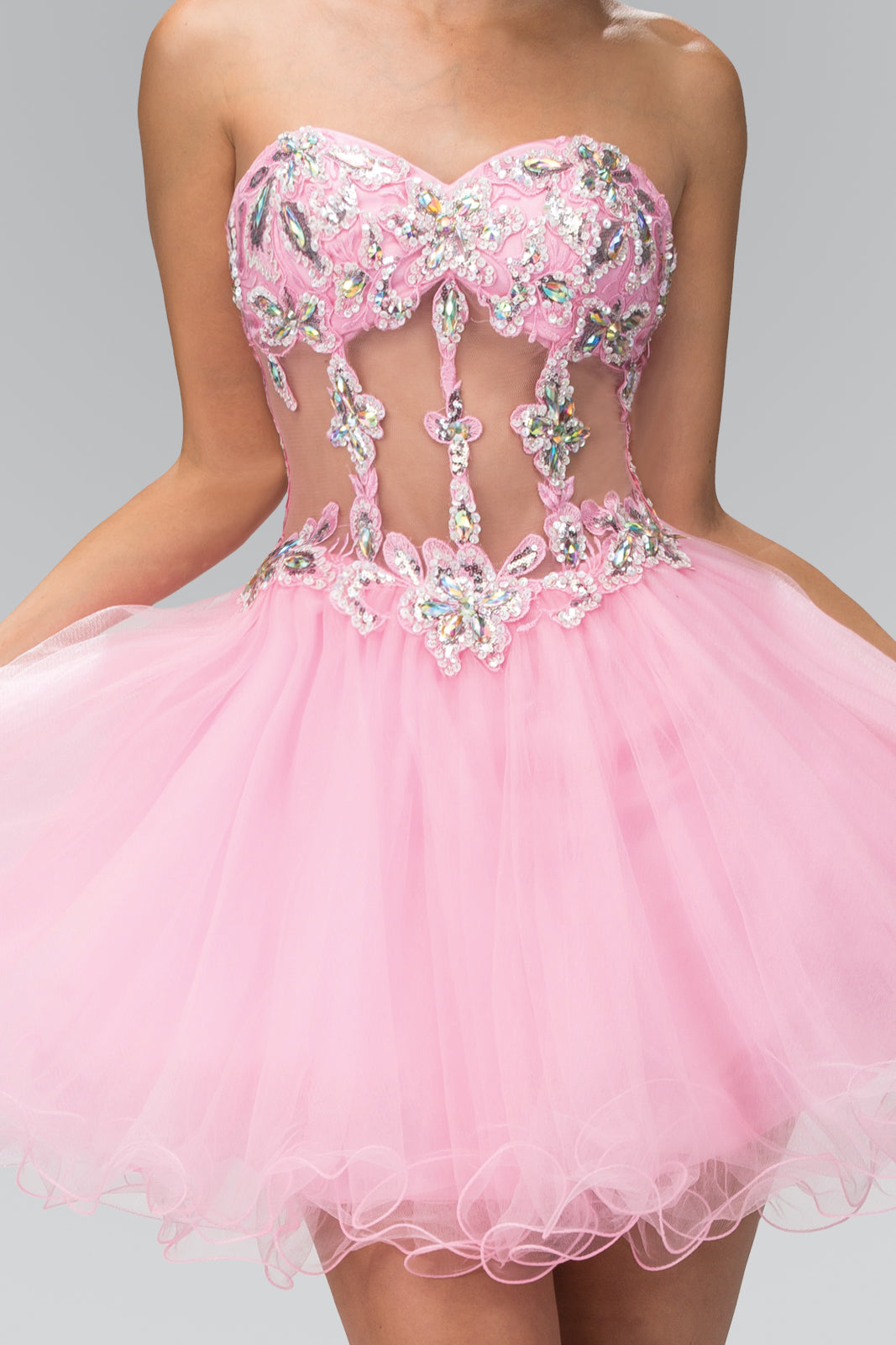 Strapless Sweetheart Bead and Sequin Embellished Tulle Short Dress with Sheer Waistline-1