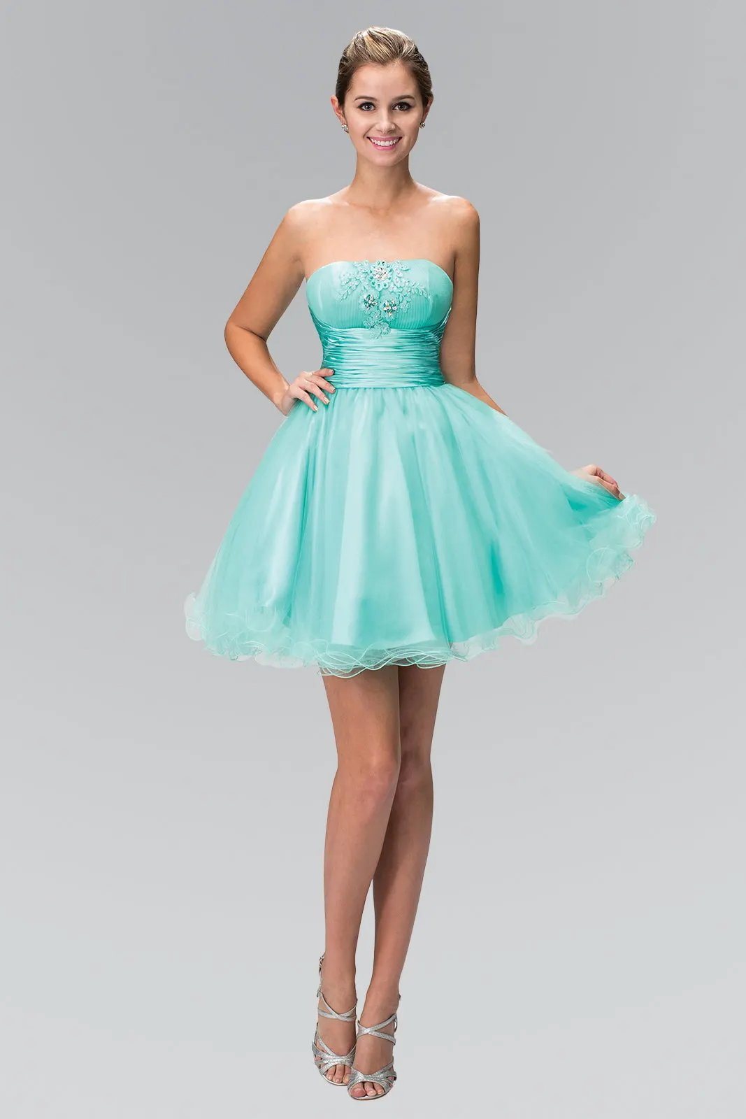 Short Tulle Dress with Pleated Waistband and Floral Lace by Tux-USA