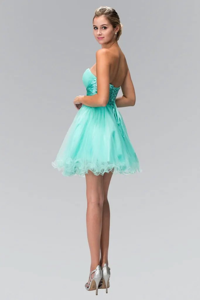 Short Tulle Dress with Pleated Waistband and Floral Lace by Tux-USA