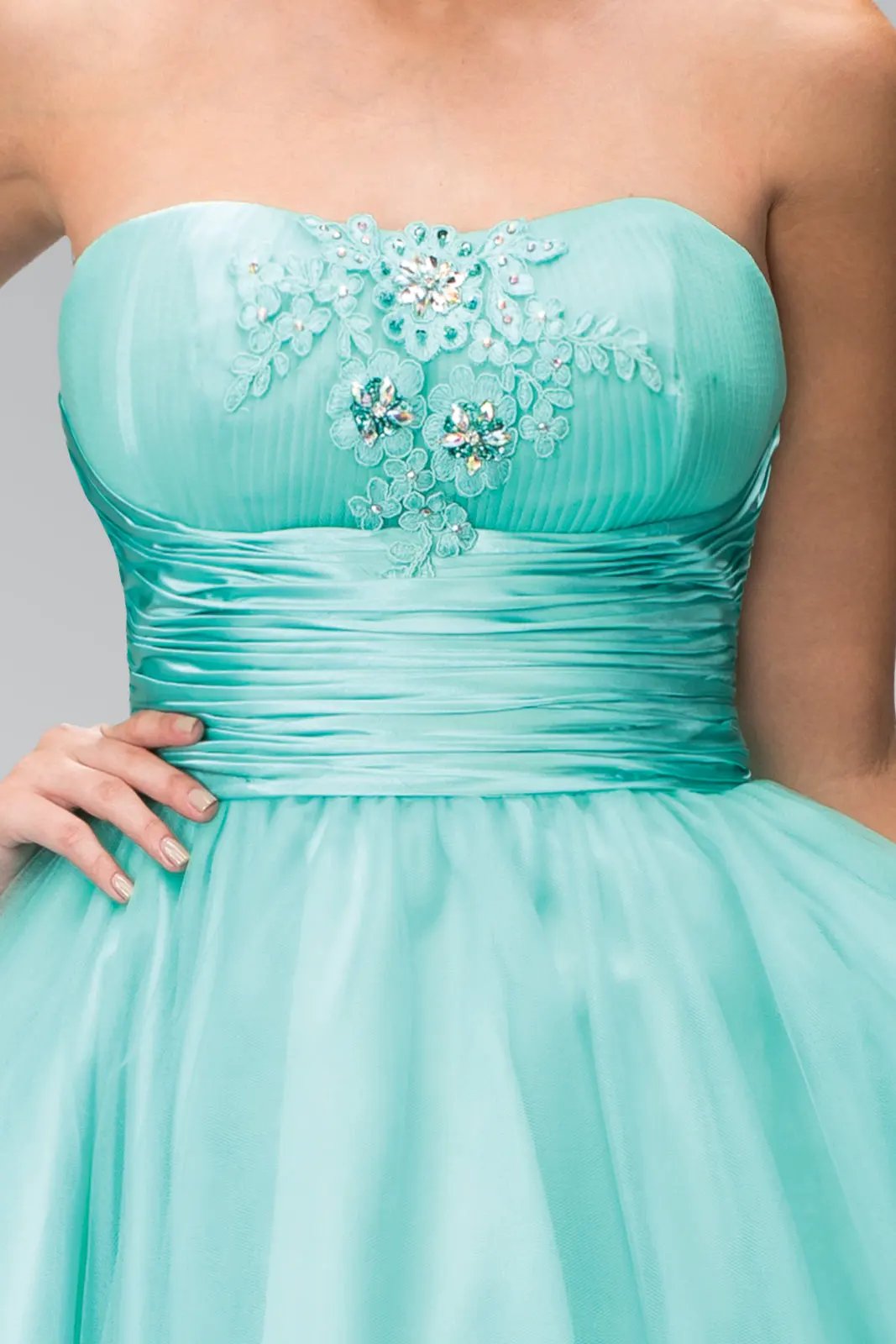 Short Tulle Dress with Pleated Waistband and Floral Lace by Tux-USA