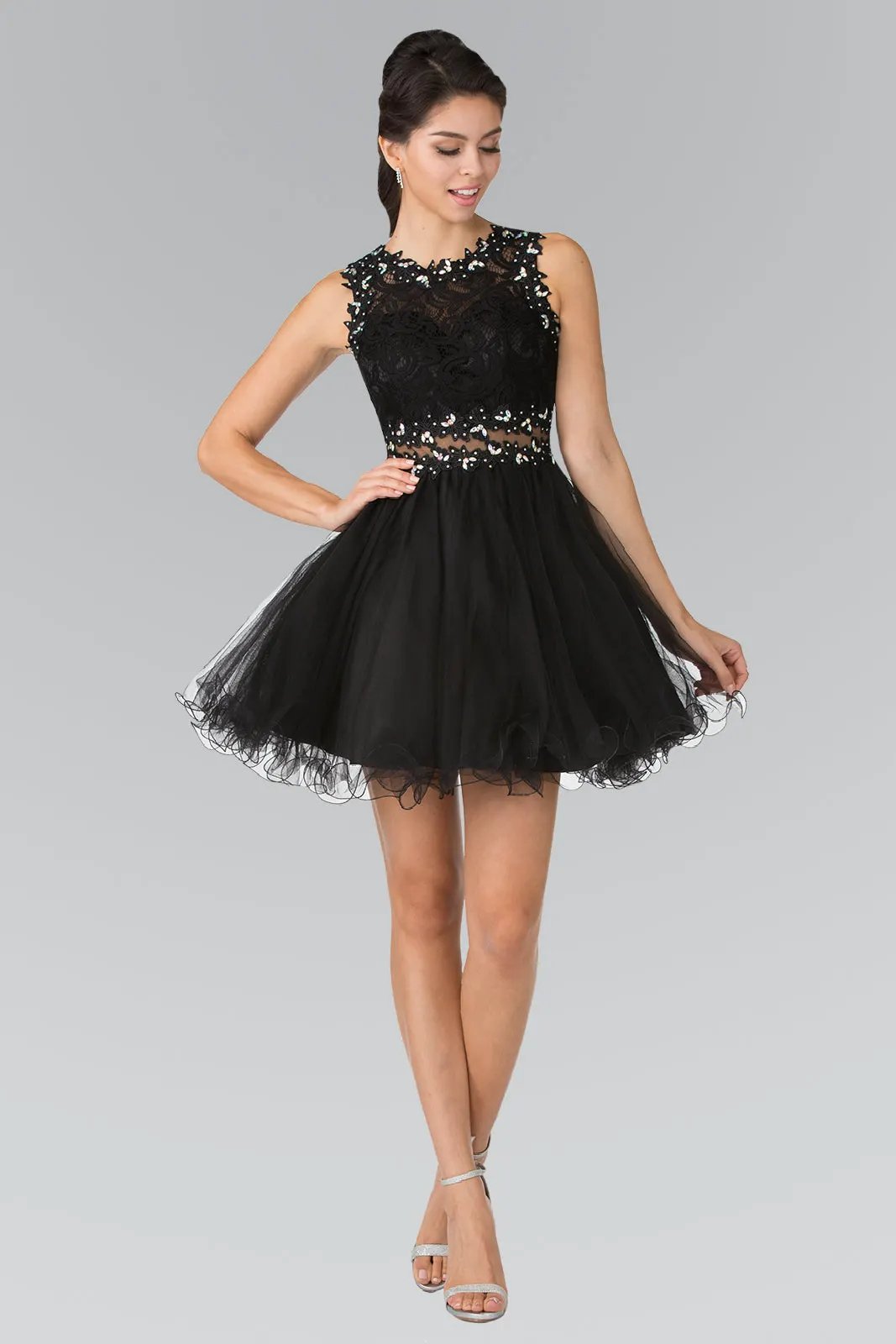 Sleeveless Short Dress with Lace Bodice and Sheer Waistline by Tux-USA