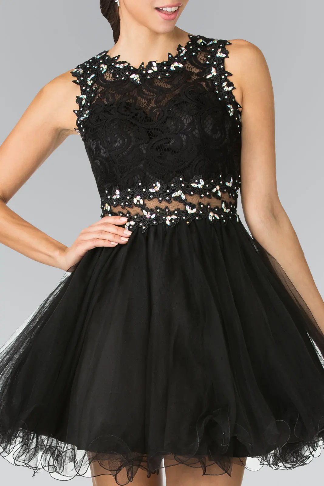 Sleeveless Short Dress with Lace Bodice and Sheer Waistline by Tux-USA