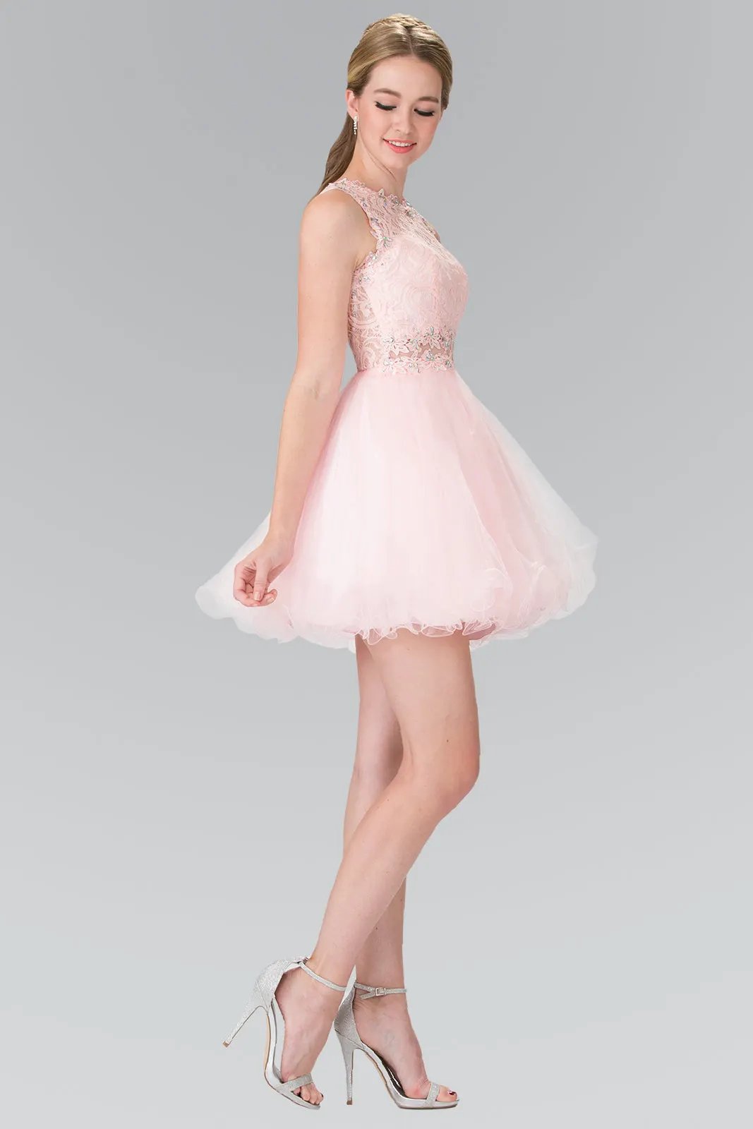 Sleeveless Short Dress with Lace Bodice and Sheer Waistline by Tux-USA