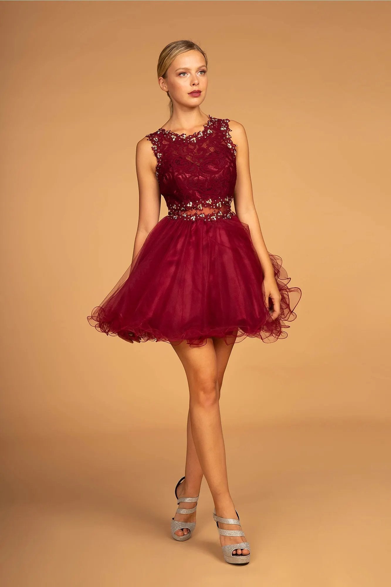 Sleeveless Short Dress with Lace Bodice and Sheer Waistline by Tux-USA