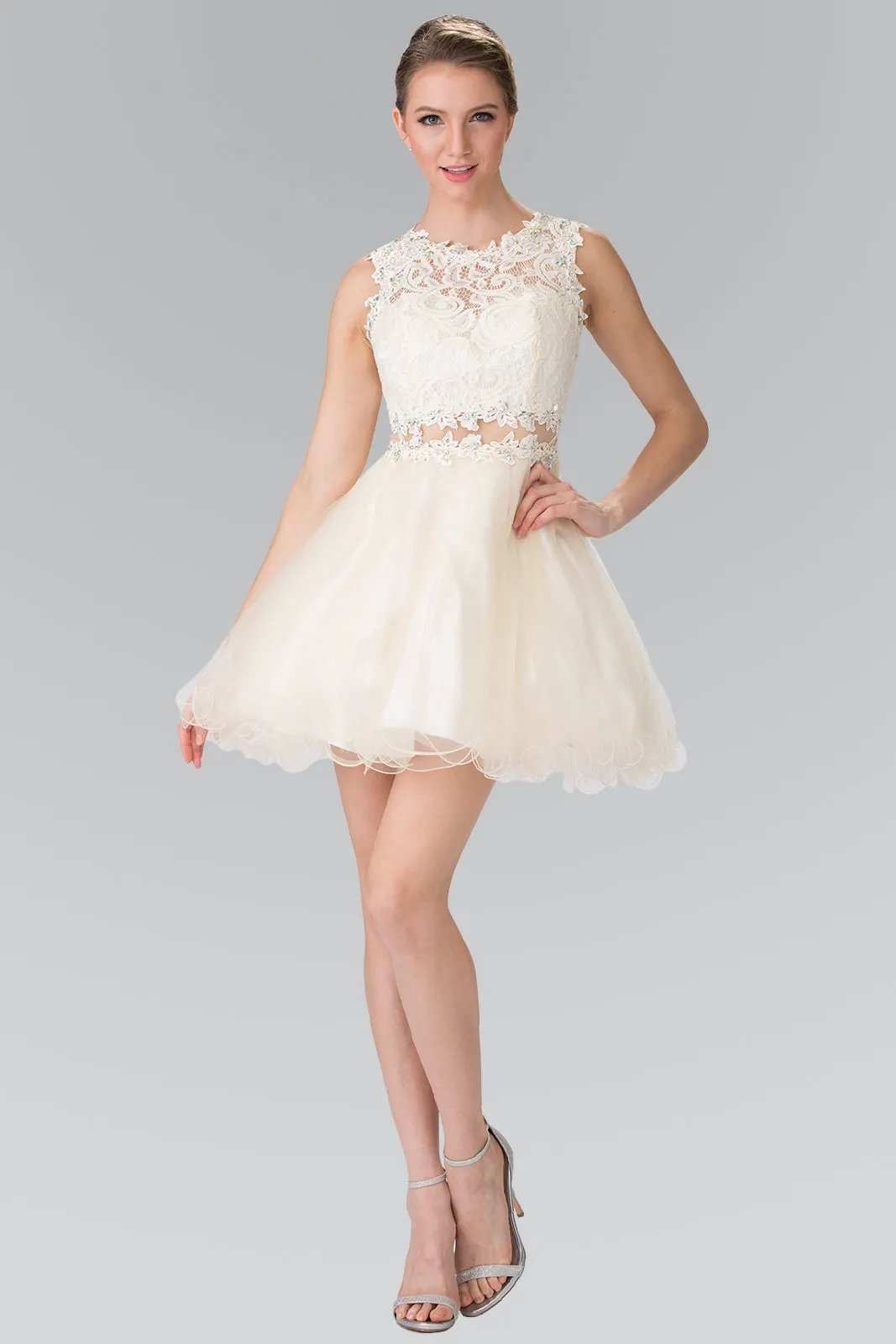 Sleeveless Short Dress with Lace Bodice and Sheer Waistline by Tux-USA